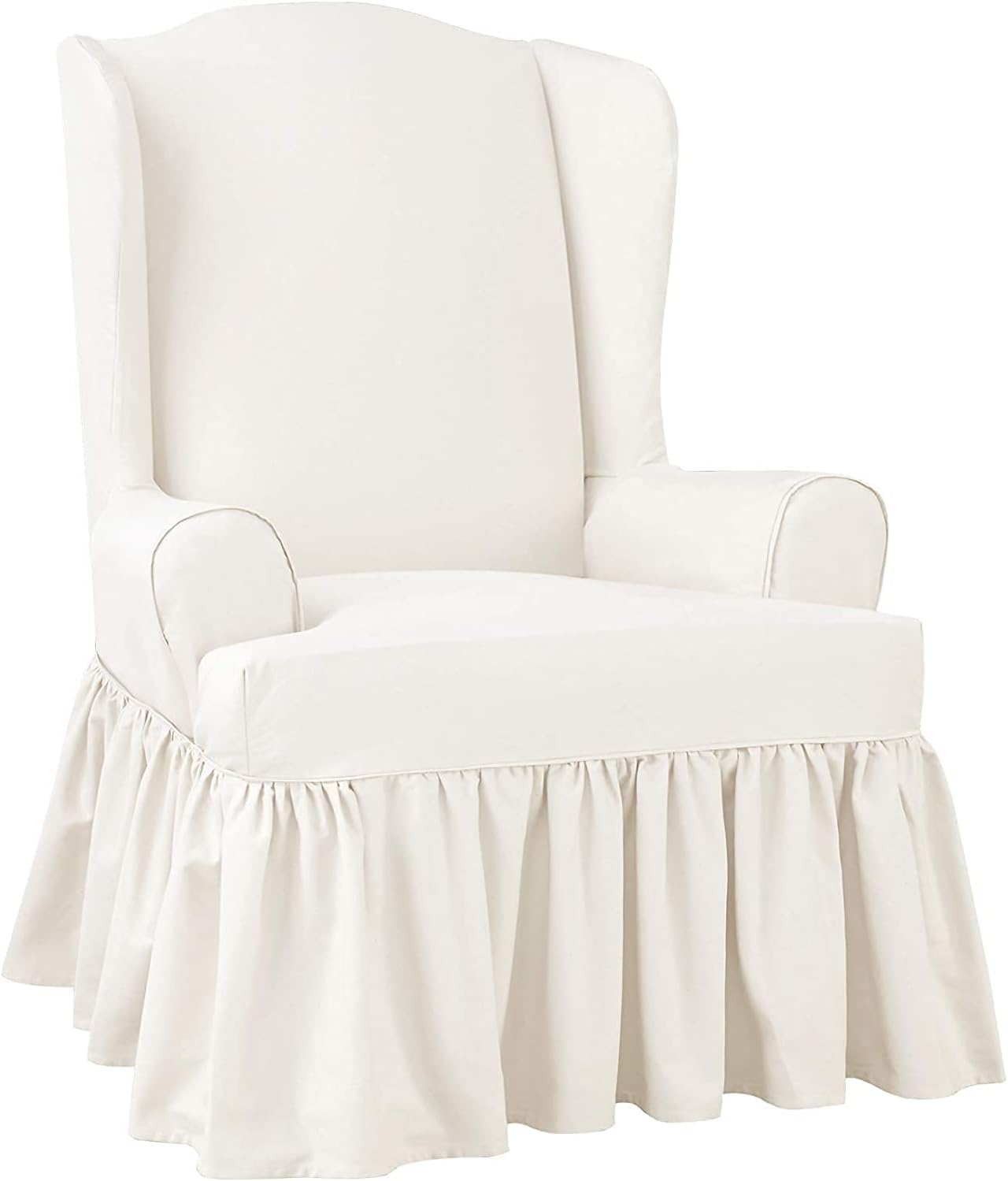 SureFit Essential Twill Ruffled Long Dining Chair Slipcover, Dining Chair Cover with Cotton Solid Design, Long Ruffled Skirt and Corner Pleats, Machine Washable, White