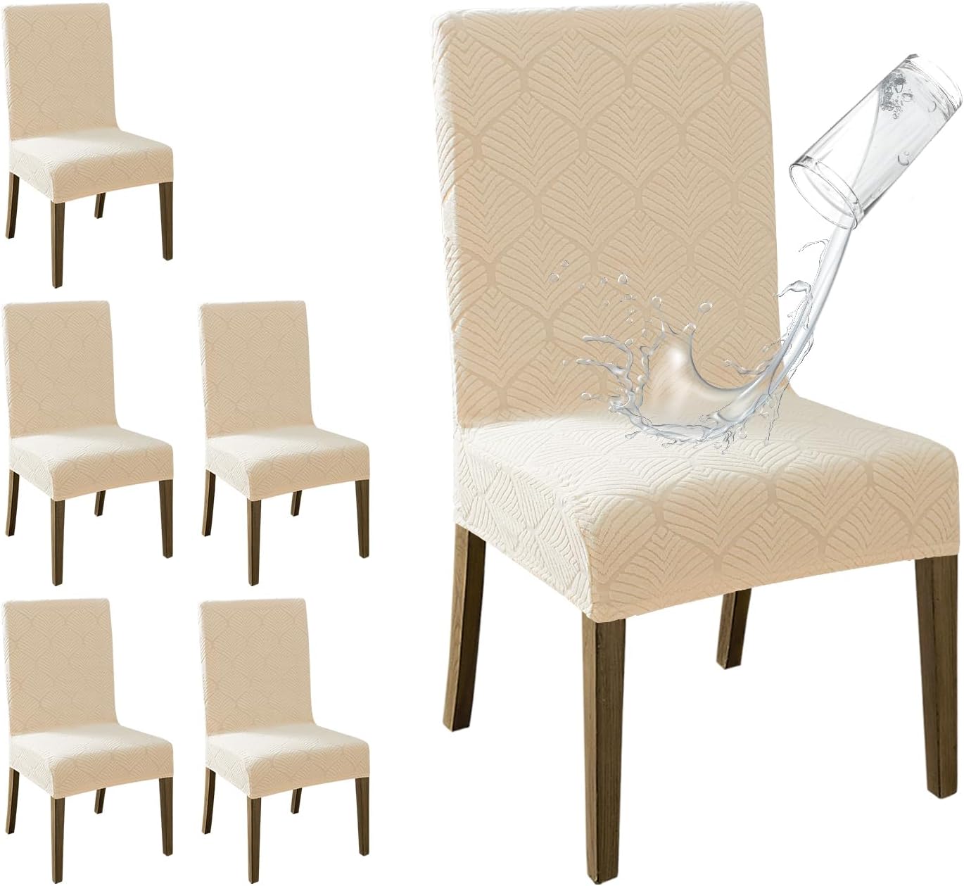 MOSAYT 100% Waterproof Dining Room Chair Covers Set of 6, Super Fit Stretch Jacquard Parson Chairs Slipcovers Removable Washable Chair Seat Protectors for Home, Kitchen, Banquet (Beige)