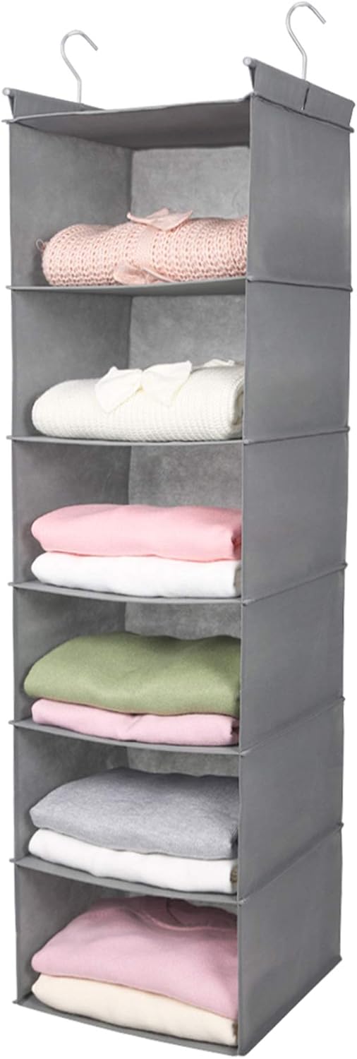 MAX Houser 6 Tier Shelf Hanging Closet Organizer, Closet Hanging Shelf with 2 Sturdy Hooks for Storage, Foldable (Grey)
