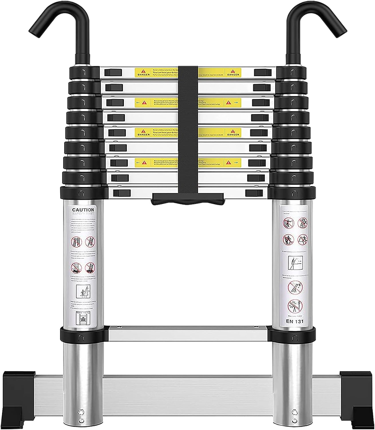 Telescoping Ladder with Hooks 8.5 FT - Aluminum Telescopic Ladder with Stabilizer - Retractable Extension Ladders for Home Loft Roof RV Work with EN131 Certification - 330lbs Max Capacity
