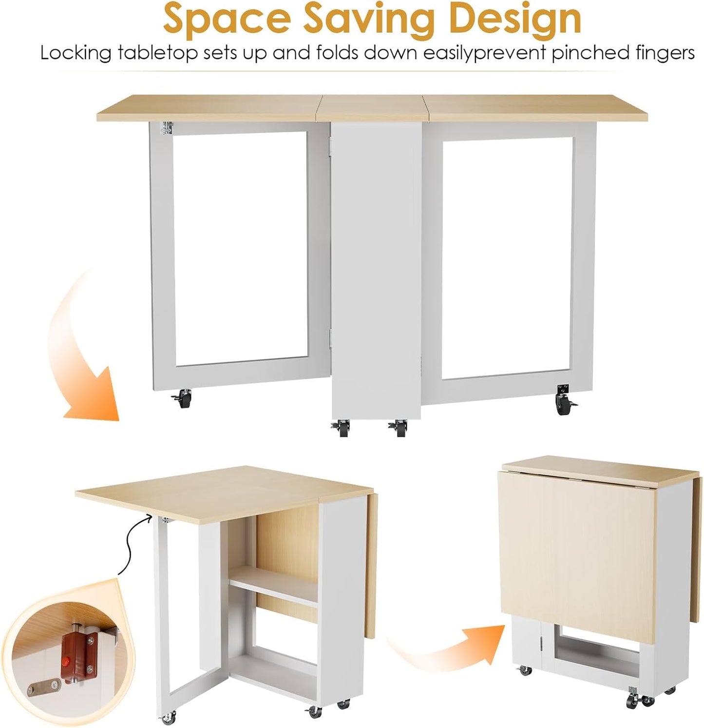 LotFun Folding Dining Table with 2 Storage Racks, Space Saving Dining Table with 6 Wheels, Kitchen Table for Small Spaces (48" x 24" x 30")