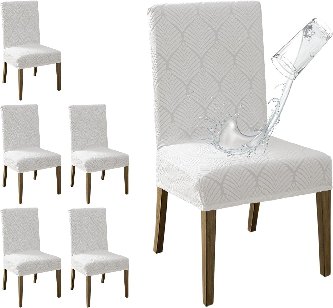 MOSAYT 100% Waterproof Dining Room Chair Covers Set of 6, Super Fit Stretch Jacquard Parson Chairs Slipcovers Removable Washable Chair Seat Protectors for Home, Kitchen, Banquet (Beige)