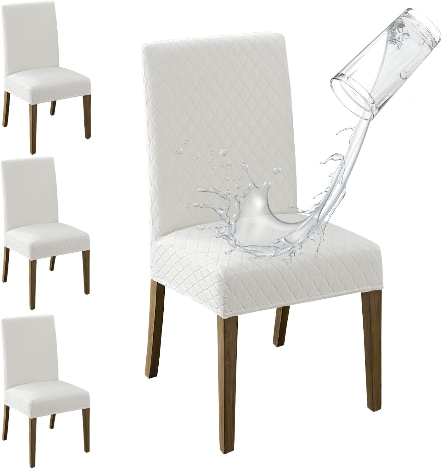 MOSAYT 100% Waterproof Dining Room Chair Covers Set of 6, Super Fit Stretch Jacquard Parson Chairs Slipcovers Removable Washable Chair Seat Protectors for Home, Kitchen, Banquet (Beige)