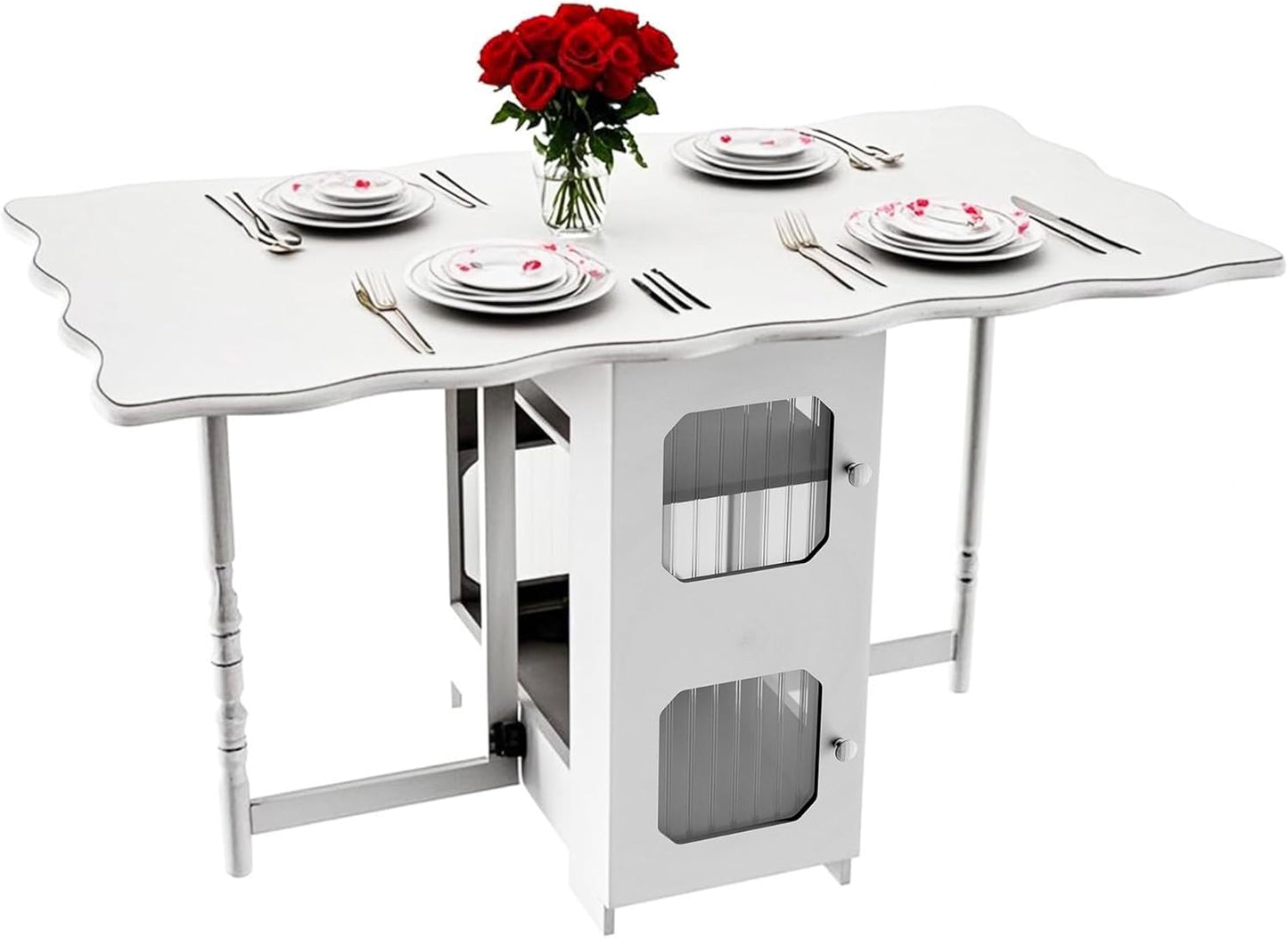 Drop Leaf Tables for Small Spaces,54.3'' x 30.7'' Space Saving Folding Dining Table 4 Wheels with 1 Drawer and 1 Shelf, White Extendable Dining Room Table, Expandable Table for Kitchen