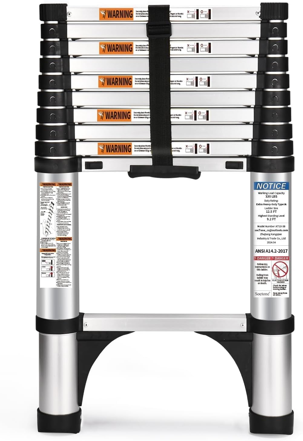 Telescoping Ladder, SocTone 12.5 FT Aluminum Lightweight Extension Ladder with 2 Triangle Stabilizers, Heavy Duty 330lbs Max Capacity, Multi-Purpose Collapsible Ladder for RV or Outdoor Work