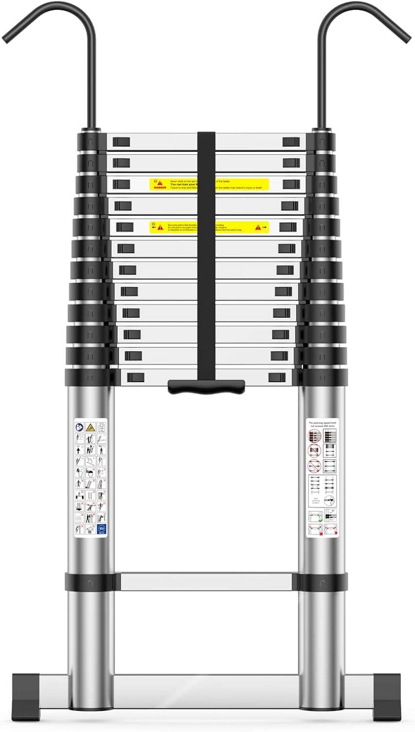 Telescoping Ladder,12.5 FT Extension Ladder, Heavy Duty 330lbs Max Capacity, Multi-Purpose Collapsible Ladder for RV or Outdoor Work Black