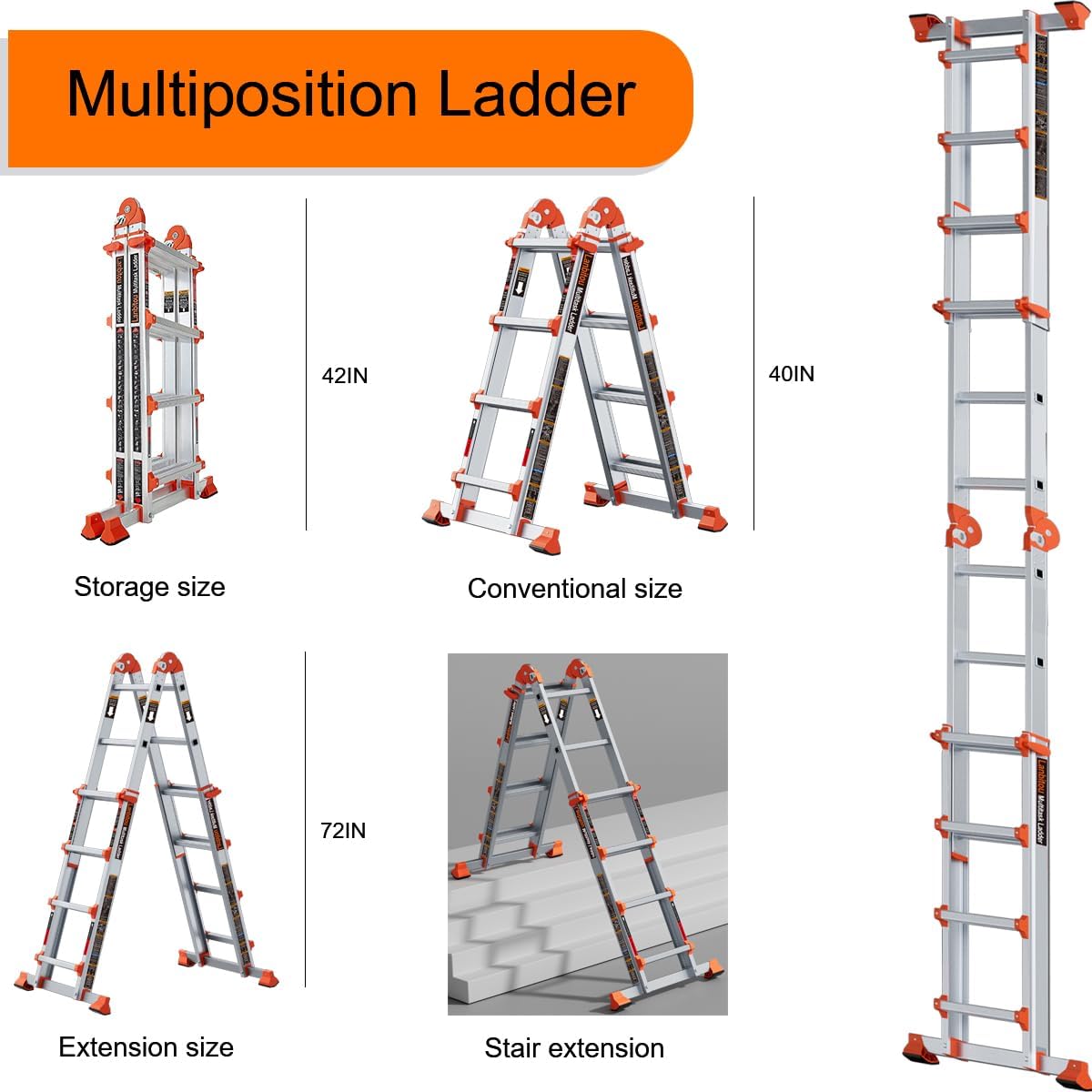 Ladder, A Frame 4 Step Ladder Extension, 14 FT Anti-Slip Multi Position & Storage Folding Ladder, 330 lbs Security Load Telescoping Aluminum Ladders for Stairs Home Indoor Outdoor Roof