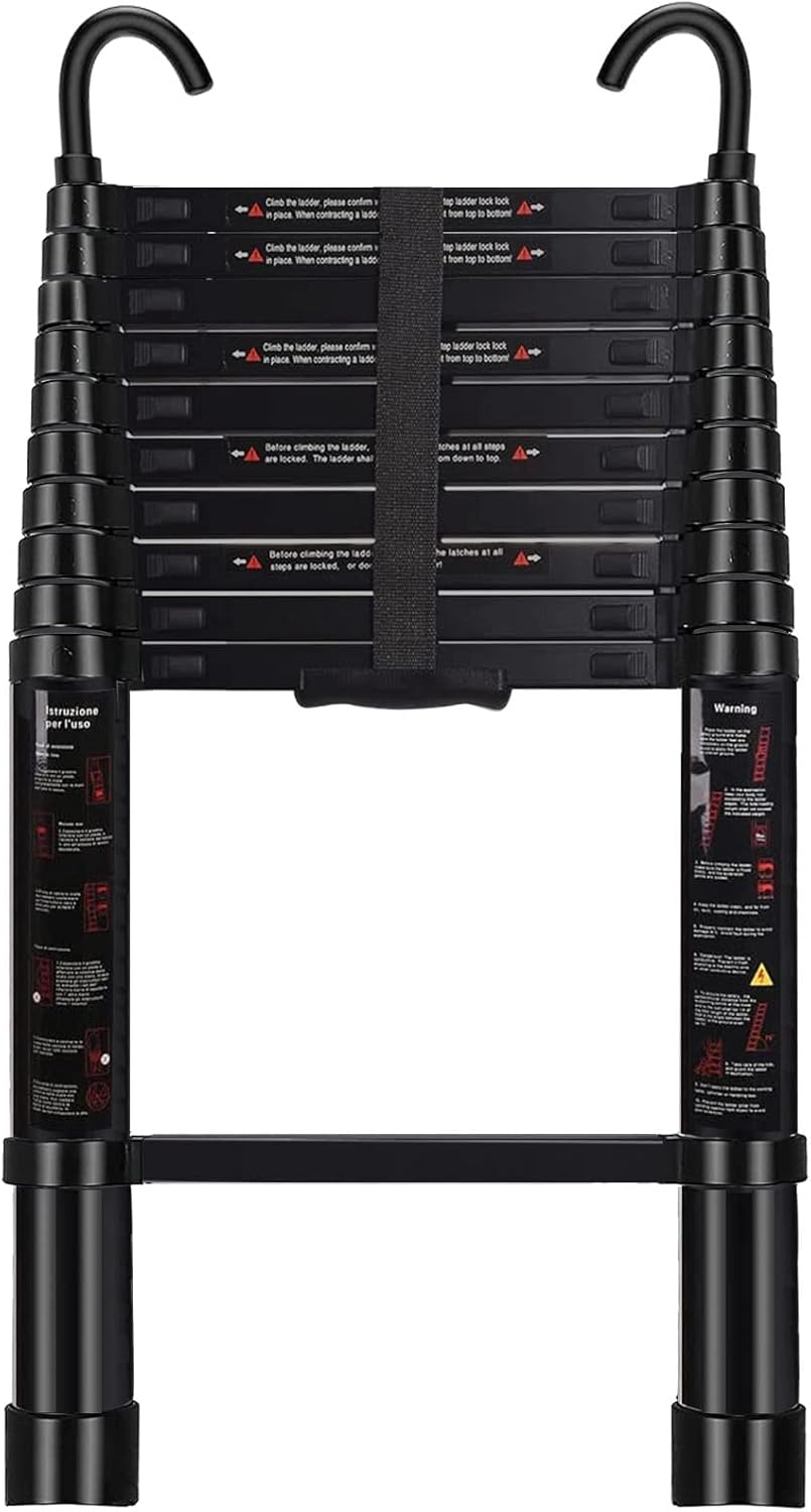 Telescoping Ladder with Hooks 8.5 FT - Aluminum Telescopic Ladder with Stabilizer - Retractable Extension Ladders for Home Loft Roof RV Work with EN131 Certification - 330lbs Max Capacity