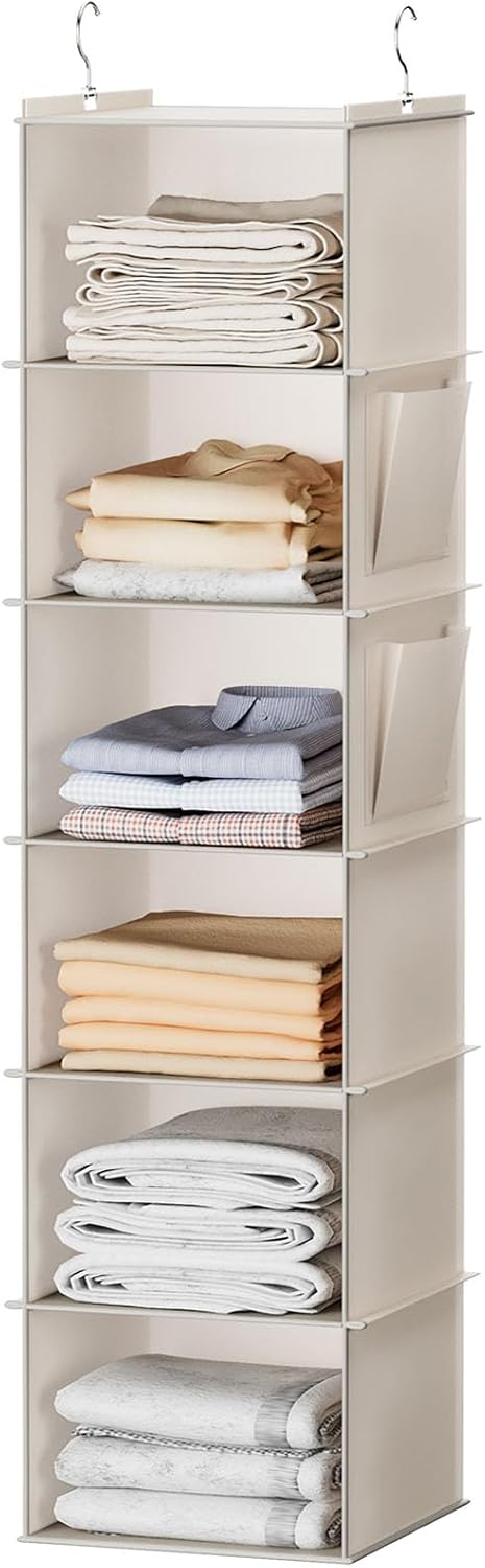YOUDENOVA Hanging Closet Organizer and Storage, 6-Shelf Closet Hanging Storage Shelves, Grey