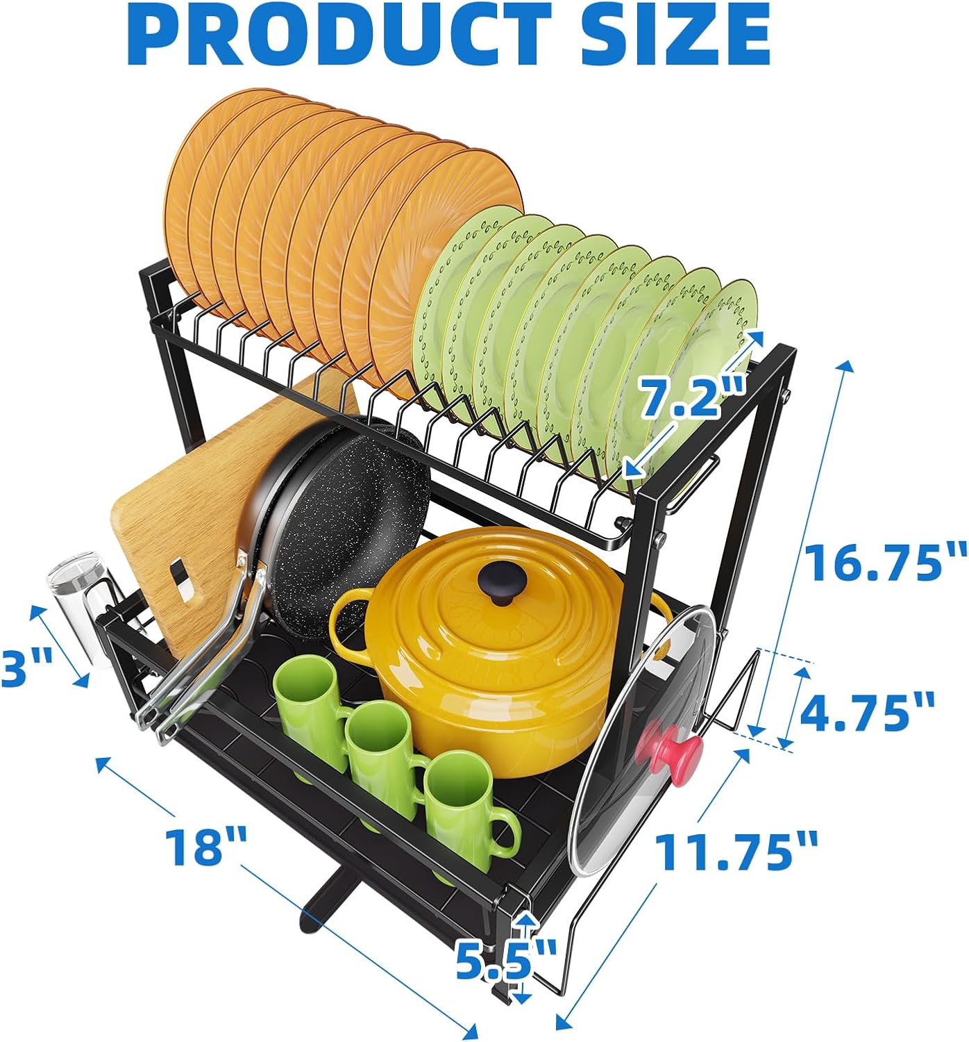 Simple Trending Kitchen Dish Drying Rack, 2-Tier Dish Rack with Drainboard, Stainless Steel Dish Drainer Organizer, Black