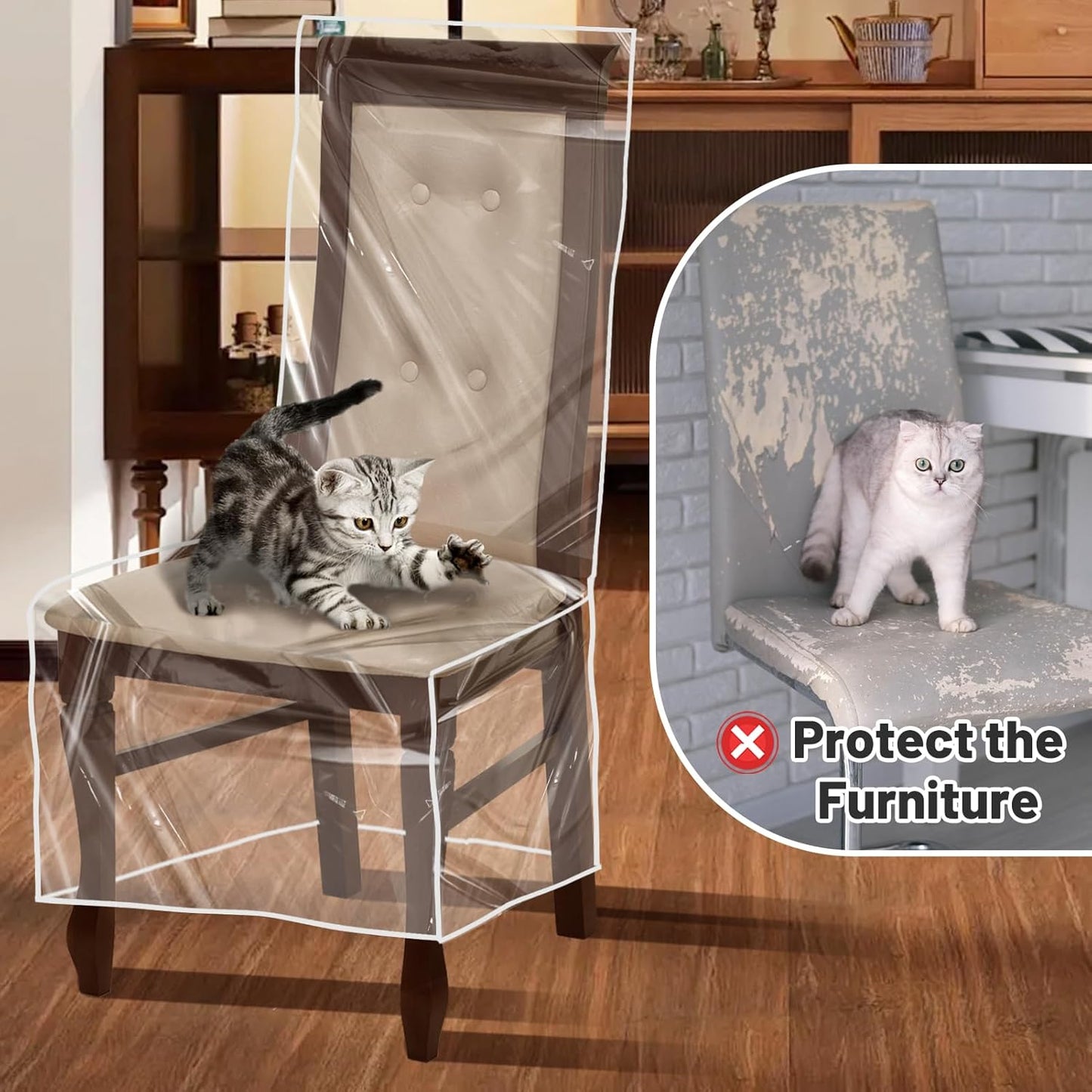 PAMASE 4 Pack Plastic Dining Chair Protectors with Backrests - Waterproof Thickened PVC Seat Covers Removable Washable Slipcover Keeping Chair Away from Water Dust Pet Hair Paws Claws