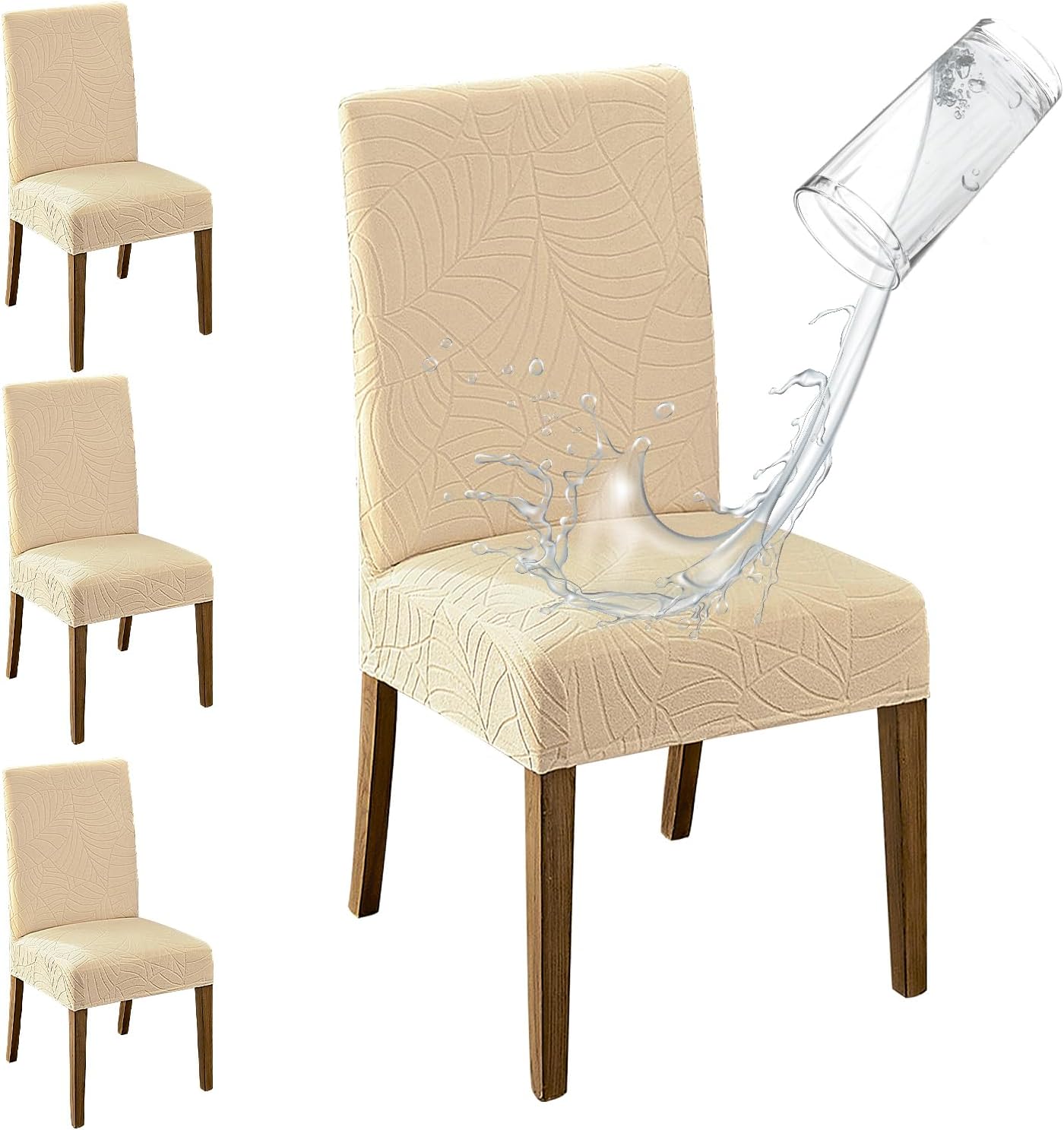 MOSAYT 100% Waterproof Dining Room Chair Covers Set of 6, Super Fit Stretch Jacquard Parson Chairs Slipcovers Removable Washable Chair Seat Protectors for Home, Kitchen, Banquet (Beige)