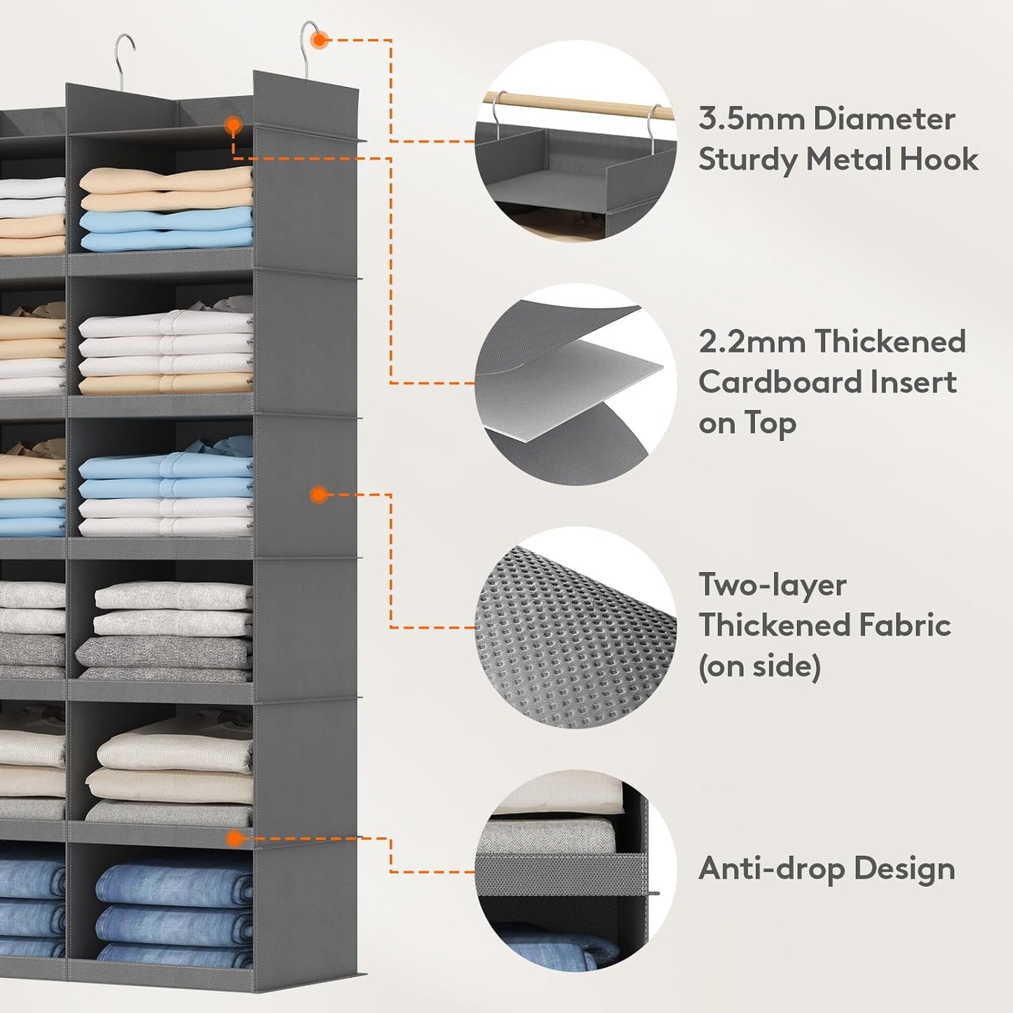Lifewit Dual-Row 6 Tier Shelf Hanging Closet Organizer and Storage, Clothes Storage Shelves with 3 Sturdy Hooks for Clothing Organization, Foldable Dorm Room Essentials, 12 Sections Grey