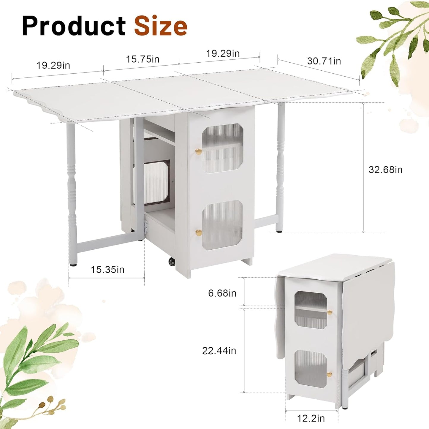 Drop Leaf Tables for Small Spaces,54.3'' x 30.7'' Space Saving Folding Dining Table 4 Wheels with 1 Drawer and 1 Shelf, White Extendable Dining Room Table, Expandable Table for Kitchen