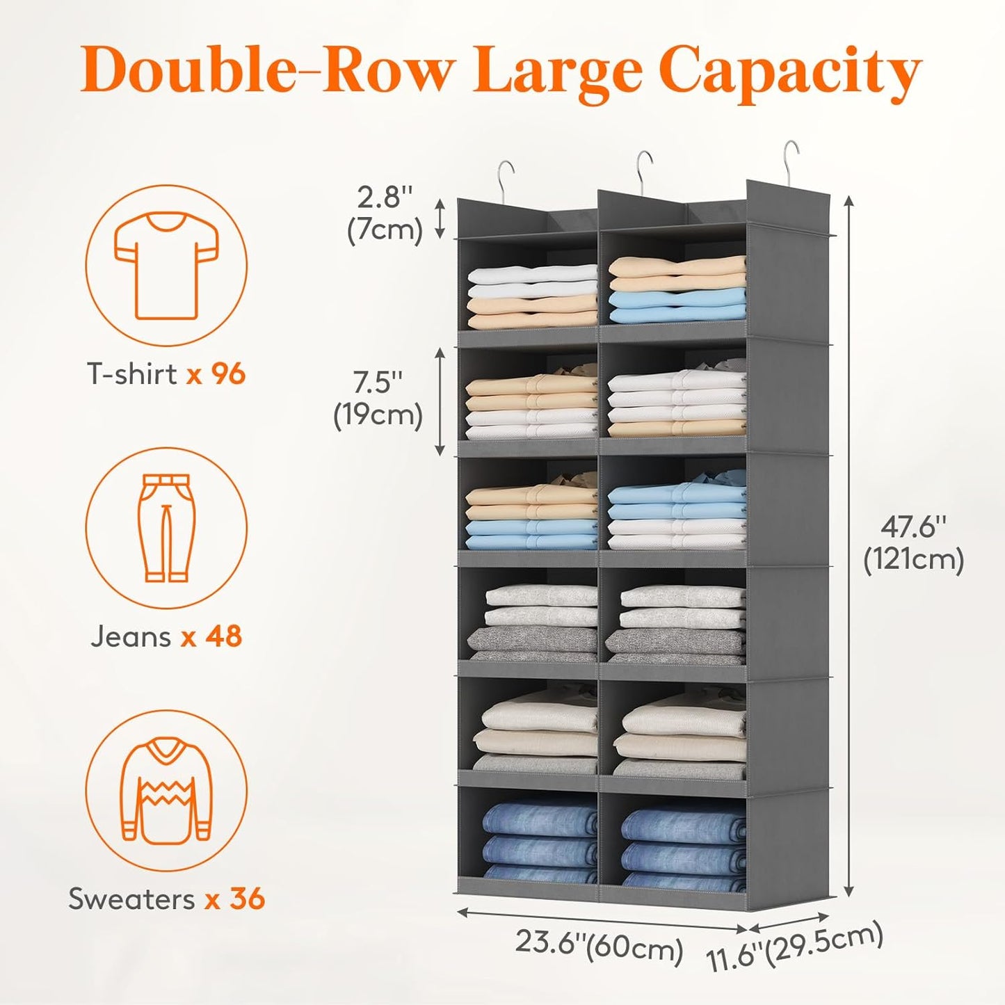 Lifewit Dual-Row 6 Tier Shelf Hanging Closet Organizer and Storage, Clothes Storage Shelves with 3 Sturdy Hooks for Clothing Organization, Foldable Dorm Room Essentials, 12 Sections Grey