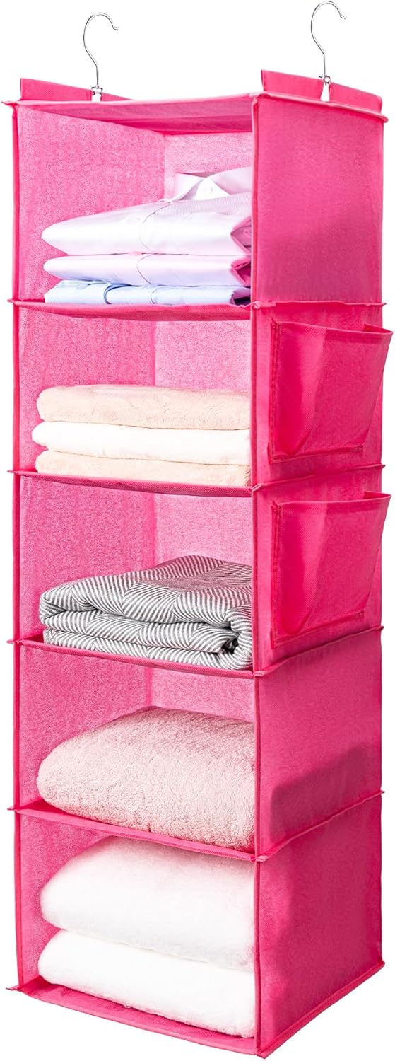 BOOMIBOO Hanging Closet Organize and Shelves,5-Hanging Shelf with 2 Side Pockets,Storage Foldable (Grey)