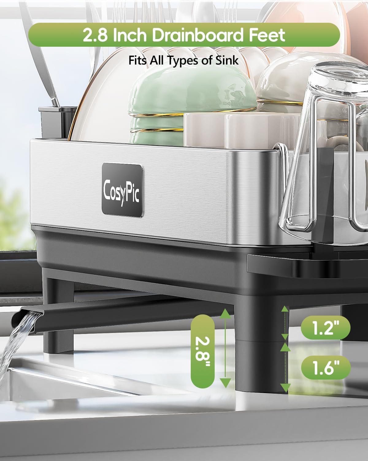 Dish Racks, Thicker Premium 304 Stainless Steel Dish Drying Rack for Kitchen Counter, Automatic Drainage Spout, Dish Drainer & Drainboard Set with Utensil Holder and Cup Holder, Black