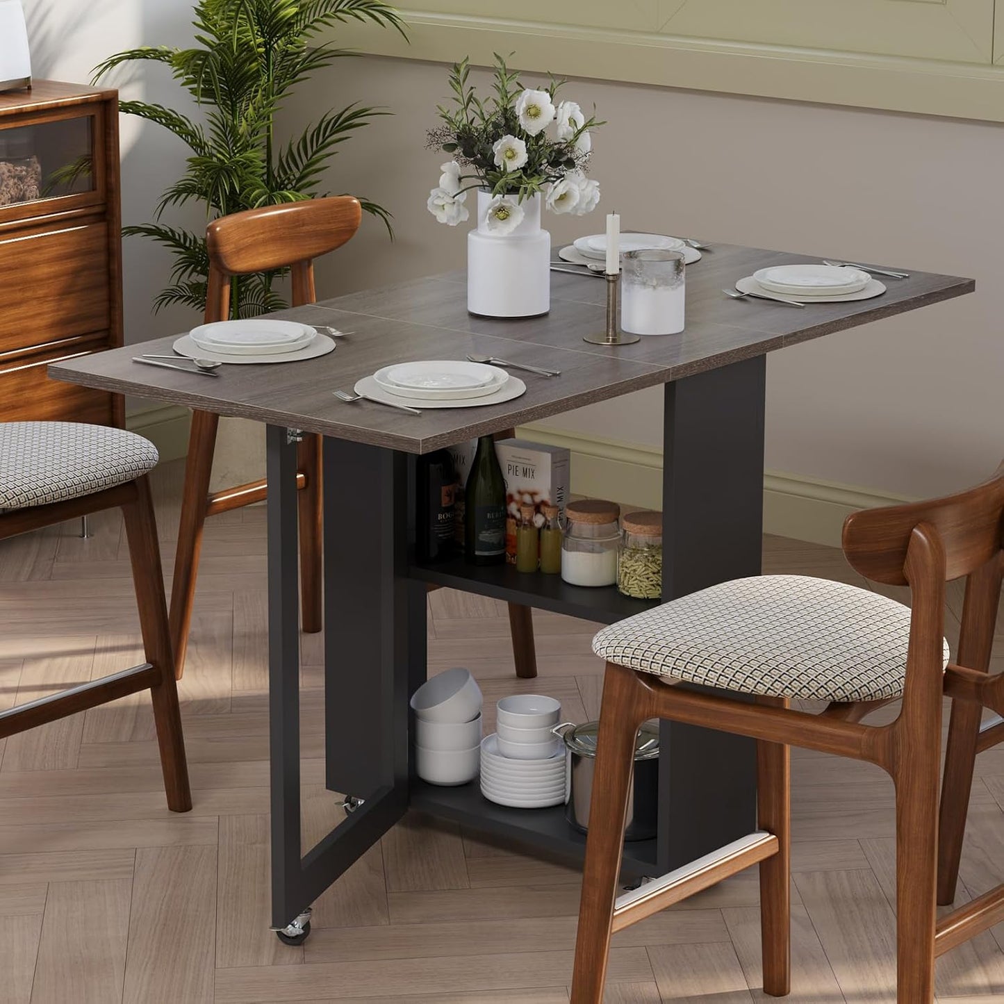 LotFun Folding Dining Table with 2 Storage Racks, Space Saving Dining Table with 6 Wheels, Kitchen Table for Small Spaces (48" x 24" x 30")