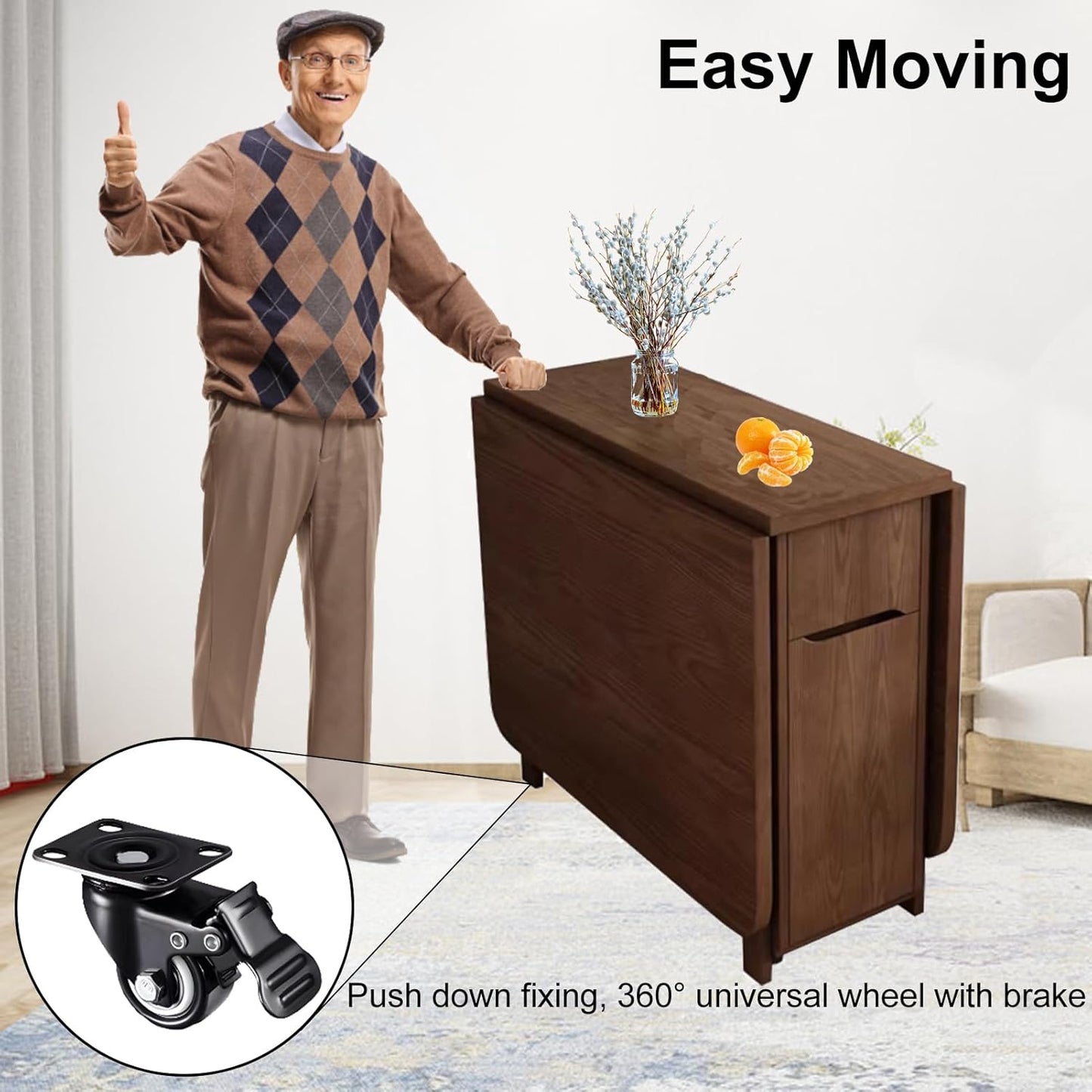 Folding Dining Table Set, Saving Space Extendable Drop Leaf Table, Movable Solid Wood Dinette Table with 4 Chairs and Wheels for Kitchen, Dining and Living Room, 1.5m, Walnut