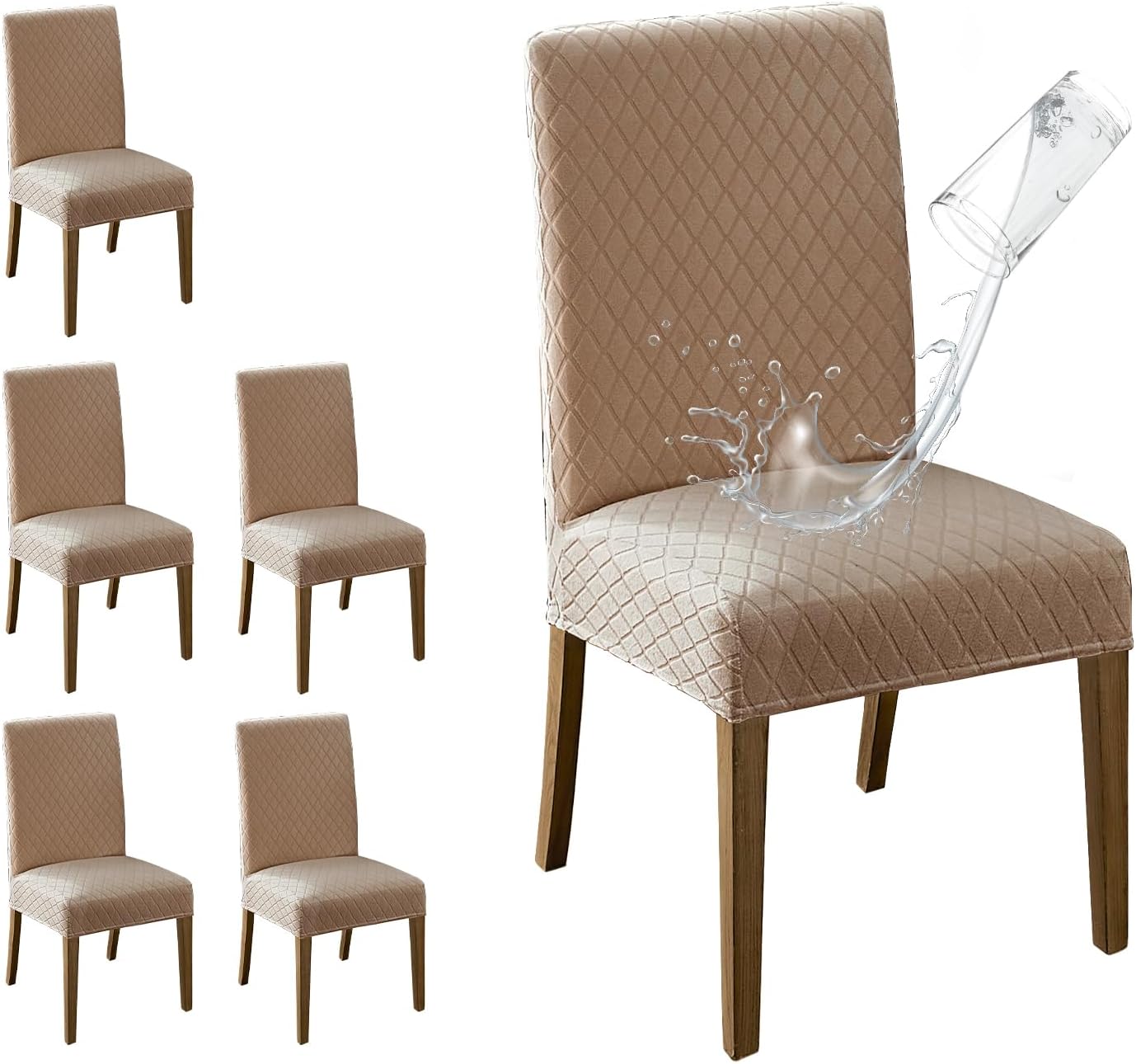 MOSAYT 100% Waterproof Dining Room Chair Covers Set of 6, Super Fit Stretch Jacquard Parson Chairs Slipcovers Removable Washable Chair Seat Protectors for Home, Kitchen, Banquet (Beige)