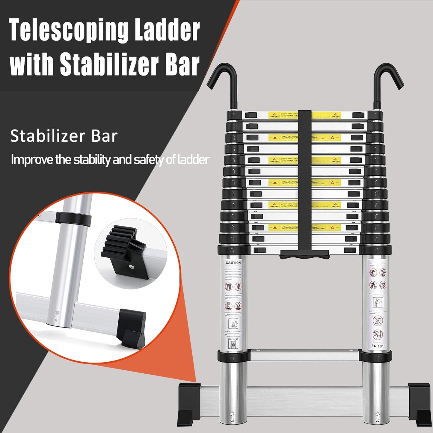 Telescoping Ladder with Hooks 8.5 FT - Aluminum Telescopic Ladder with Stabilizer - Retractable Extension Ladders for Home Loft Roof RV Work with EN131 Certification - 330lbs Max Capacity