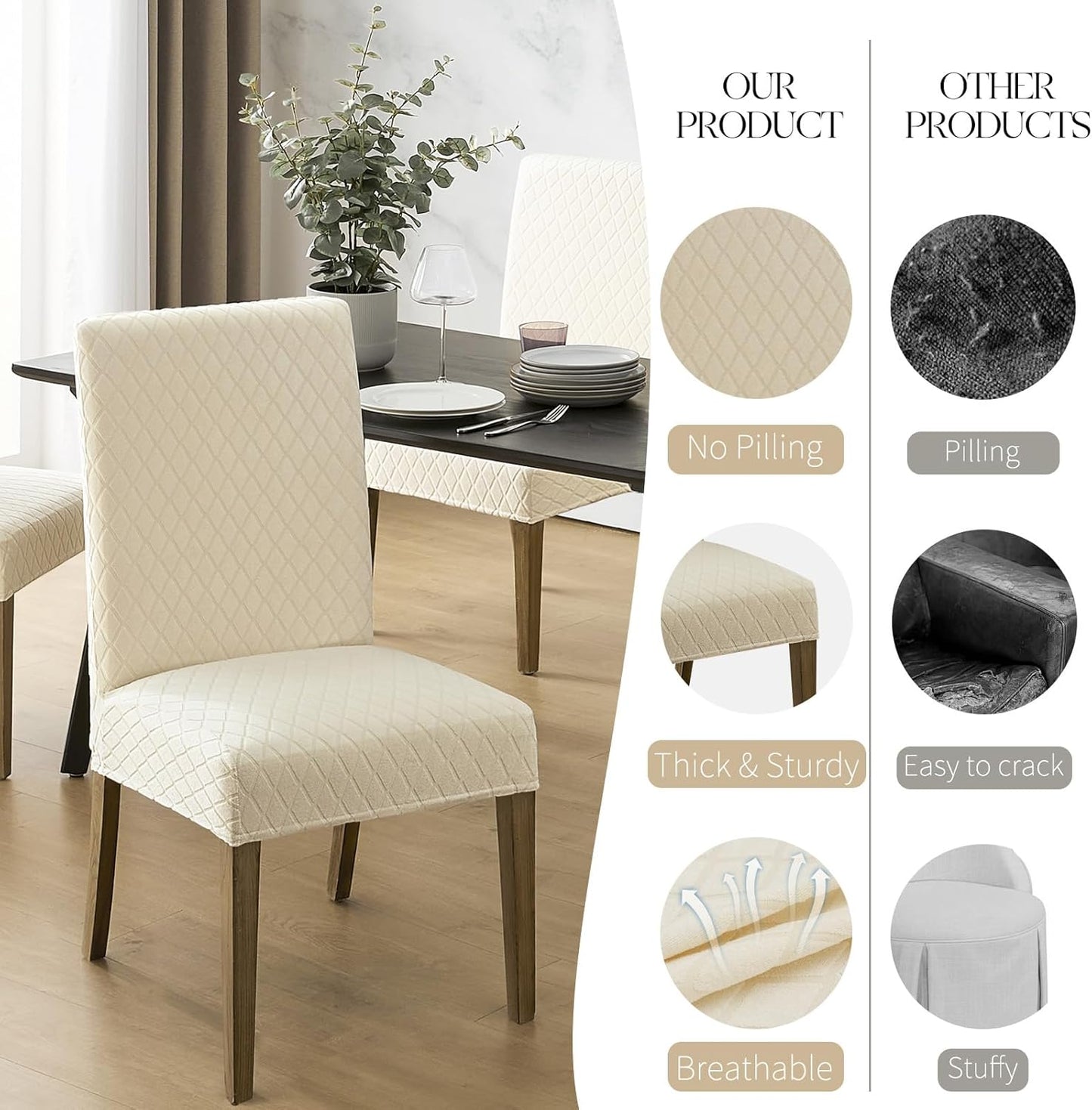MOSAYT 100% Waterproof Dining Room Chair Covers Set of 6, Super Fit Stretch Jacquard Parson Chairs Slipcovers Removable Washable Chair Seat Protectors for Home, Kitchen, Banquet (Beige)