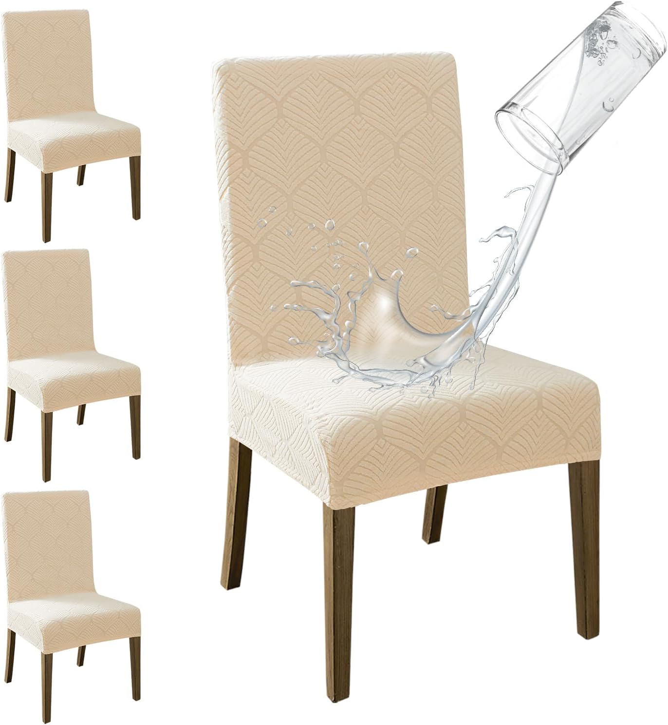 MOSAYT 100% Waterproof Dining Room Chair Covers Set of 6, Super Fit Stretch Jacquard Parson Chairs Slipcovers Removable Washable Chair Seat Protectors for Home, Kitchen, Banquet (Beige)