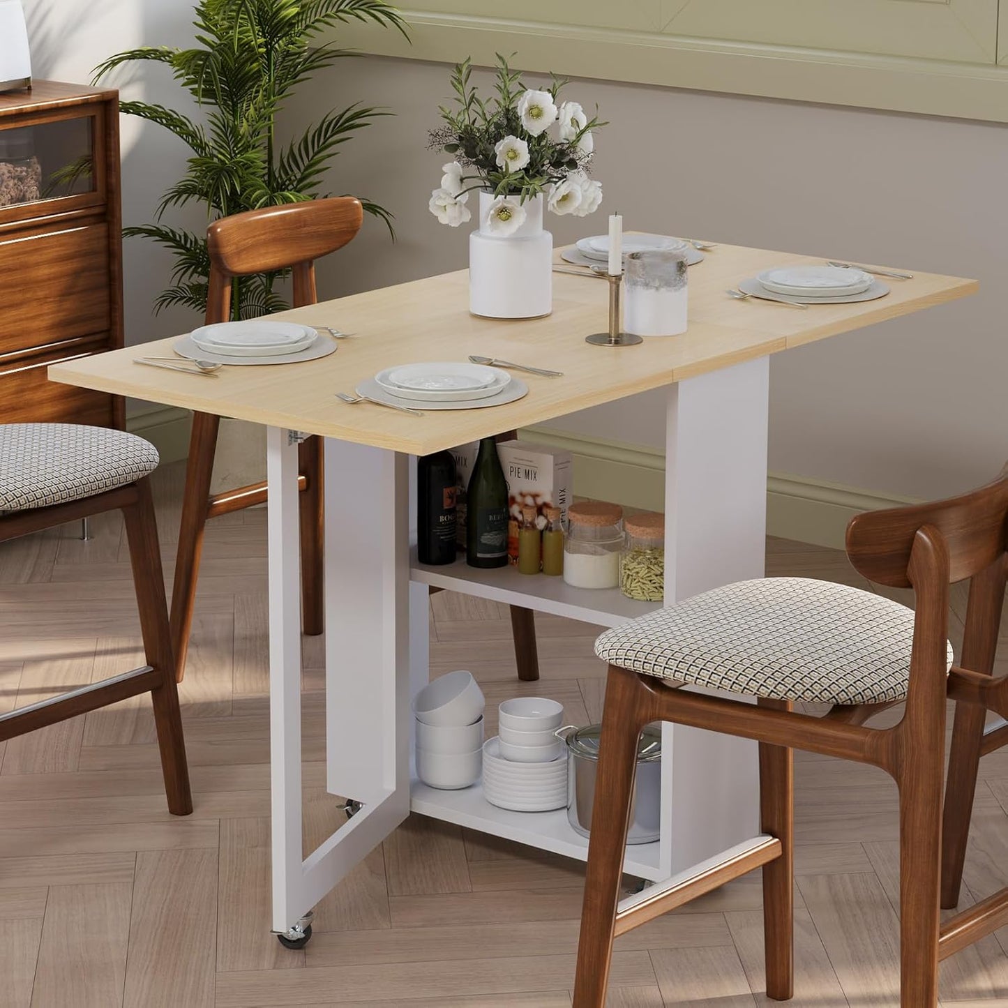 LotFun Folding Dining Table with 2 Storage Racks, Space Saving Dining Table with 6 Wheels, Kitchen Table for Small Spaces (48" x 24" x 30")