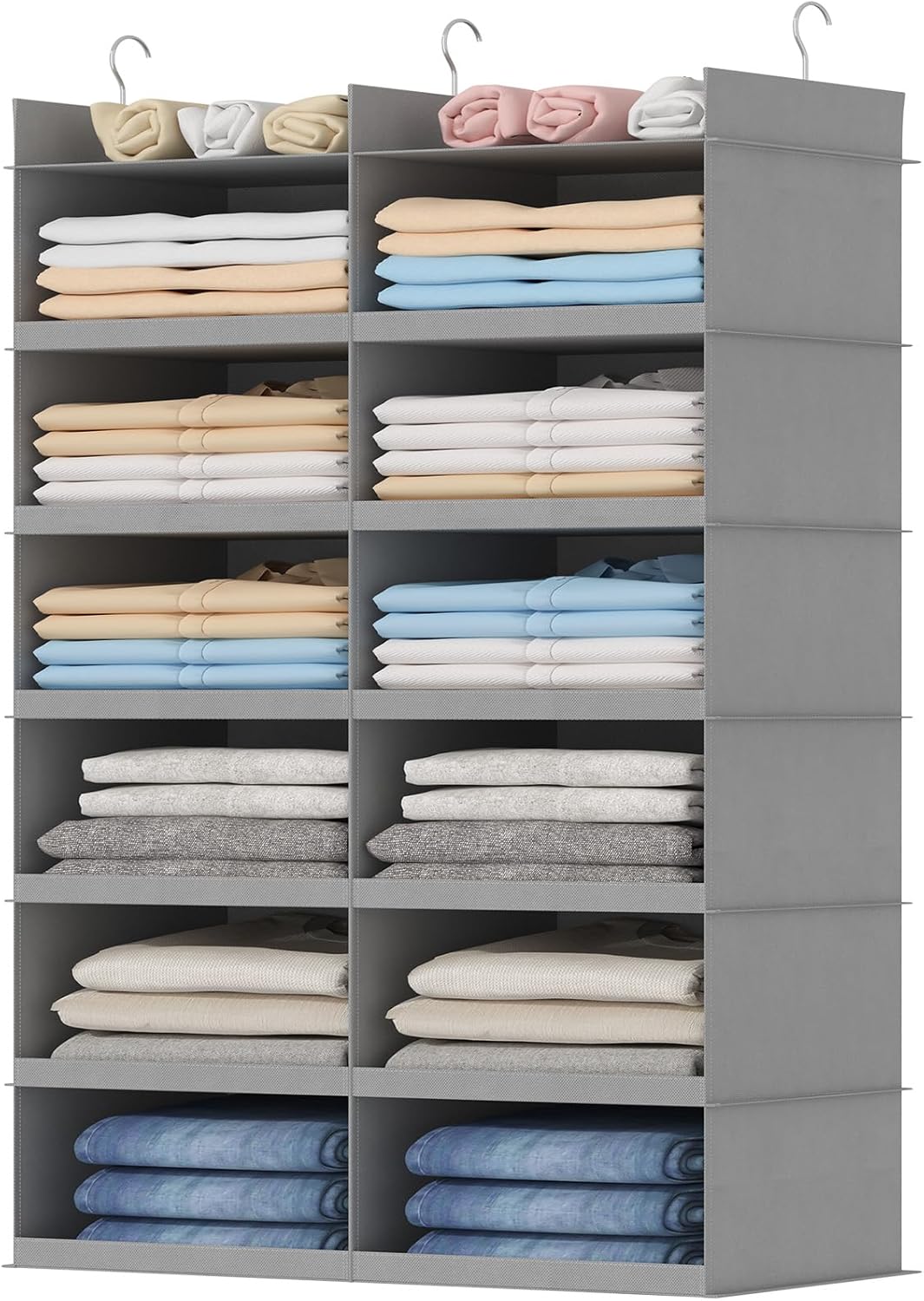 Lifewit Dual-Row 6 Tier Shelf Hanging Closet Organizer and Storage, Clothes Storage Shelves with 3 Sturdy Hooks for Clothing Organization, Foldable Dorm Room Essentials, 12 Sections Grey