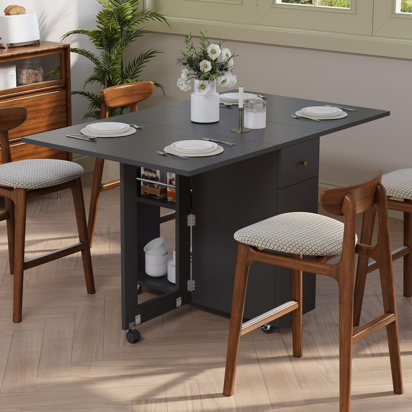 LotFun Folding Dining Table with 2 Storage Racks, Space Saving Dining Table with 6 Wheels, Kitchen Table for Small Spaces (48" x 24" x 30")