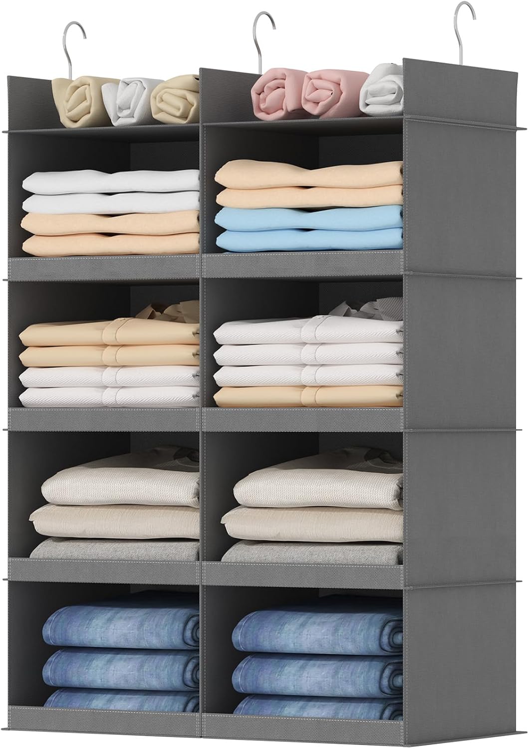 Lifewit Dual-Row 6 Tier Shelf Hanging Closet Organizer and Storage, Clothes Storage Shelves with 3 Sturdy Hooks for Clothing Organization, Foldable Dorm Room Essentials, 12 Sections Grey