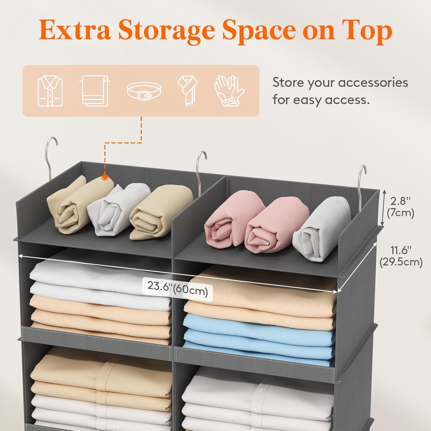 Lifewit Dual-Row 6 Tier Shelf Hanging Closet Organizer and Storage, Clothes Storage Shelves with 3 Sturdy Hooks for Clothing Organization, Foldable Dorm Room Essentials, 12 Sections Grey