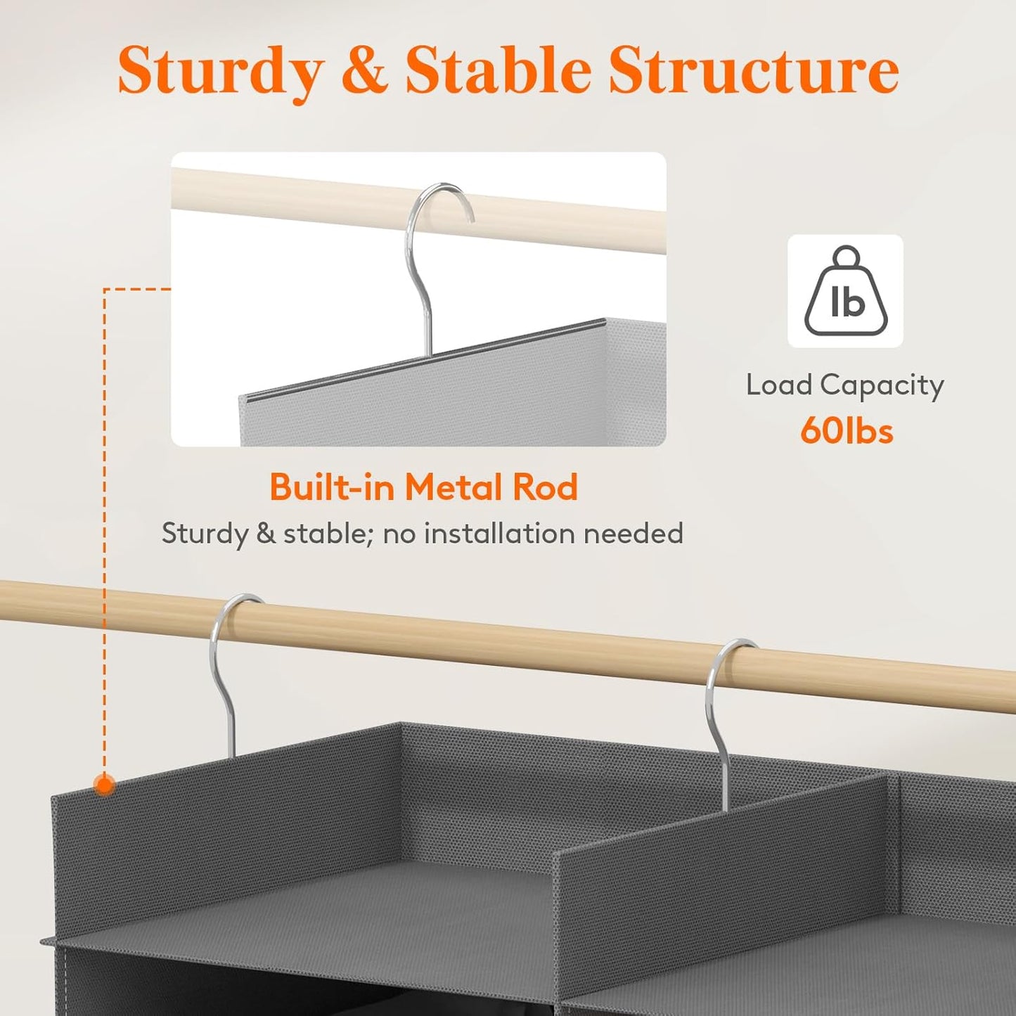 Lifewit Dual-Row 6 Tier Shelf Hanging Closet Organizer and Storage, Clothes Storage Shelves with 3 Sturdy Hooks for Clothing Organization, Foldable Dorm Room Essentials, 12 Sections Grey