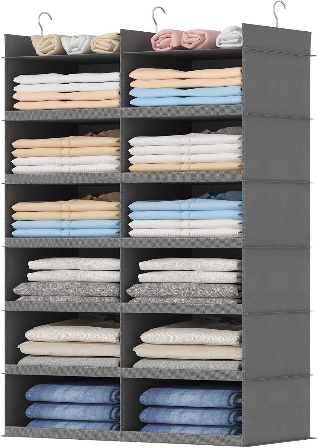 Lifewit Dual-Row 6 Tier Shelf Hanging Closet Organizer and Storage, Clothes Storage Shelves with 3 Sturdy Hooks for Clothing Organization, Foldable Dorm Room Essentials, 12 Sections Grey