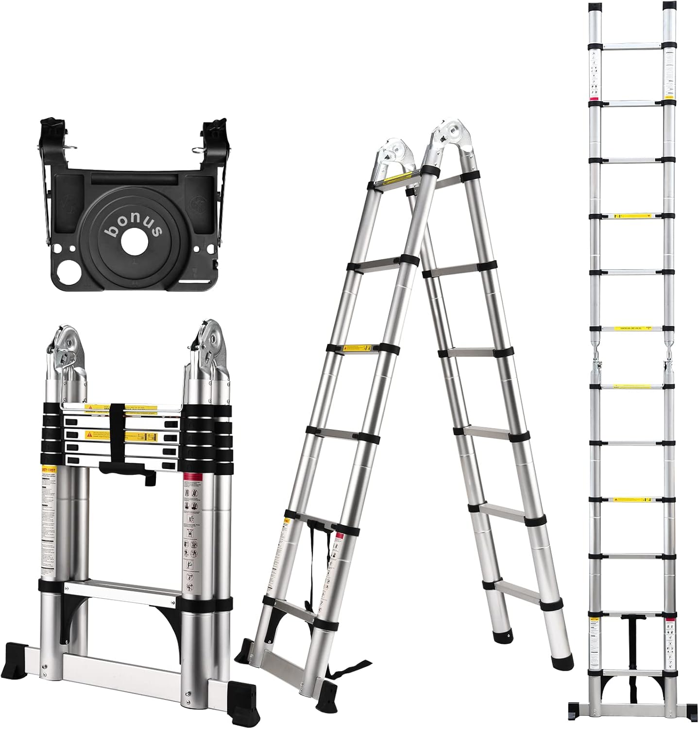 Telescoping Ladder, SocTone 12.5 FT Aluminum Lightweight Extension Ladder with 2 Triangle Stabilizers, Heavy Duty 330lbs Max Capacity, Multi-Purpose Collapsible Ladder for RV or Outdoor Work