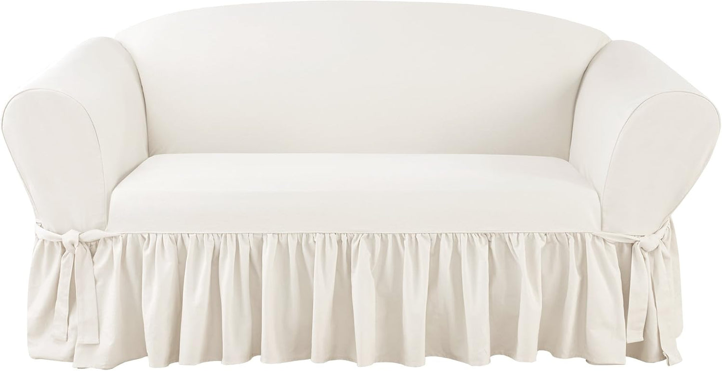 SureFit Essential Twill Ruffled Long Dining Chair Slipcover, Dining Chair Cover with Cotton Solid Design, Long Ruffled Skirt and Corner Pleats, Machine Washable, White