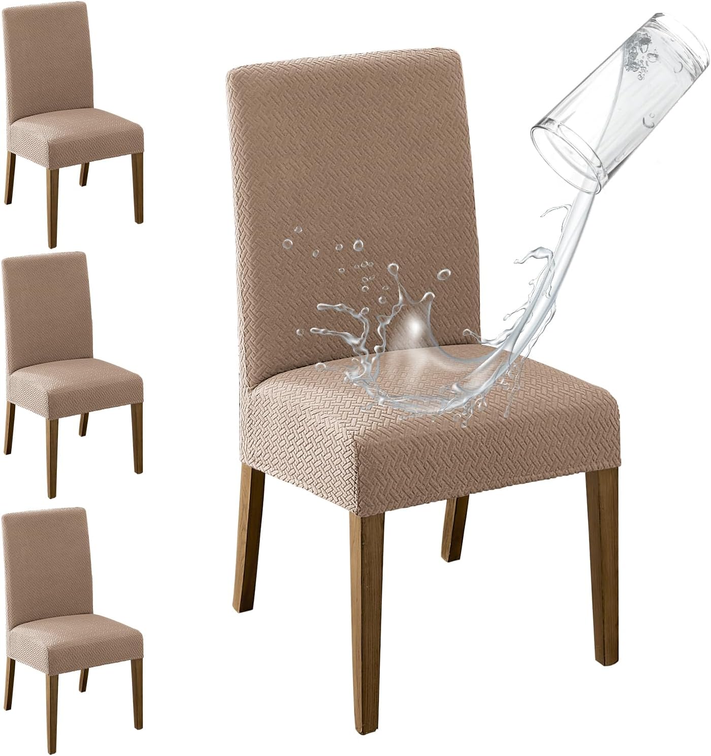 MOSAYT 100% Waterproof Dining Room Chair Covers Set of 6, Super Fit Stretch Jacquard Parson Chairs Slipcovers Removable Washable Chair Seat Protectors for Home, Kitchen, Banquet (Beige)