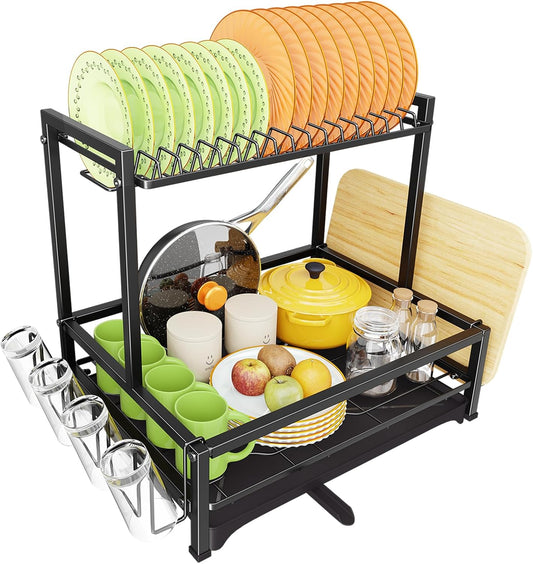 Simple Trending Kitchen Dish Drying Rack, 2-Tier Dish Rack with Drainboard, Stainless Steel Dish Drainer Organizer, Black