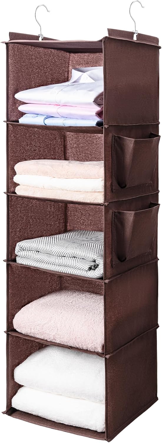BOOMIBOO Hanging Closet Organize and Shelves,5-Hanging Shelf with 2 Side Pockets,Storage Foldable (Grey)