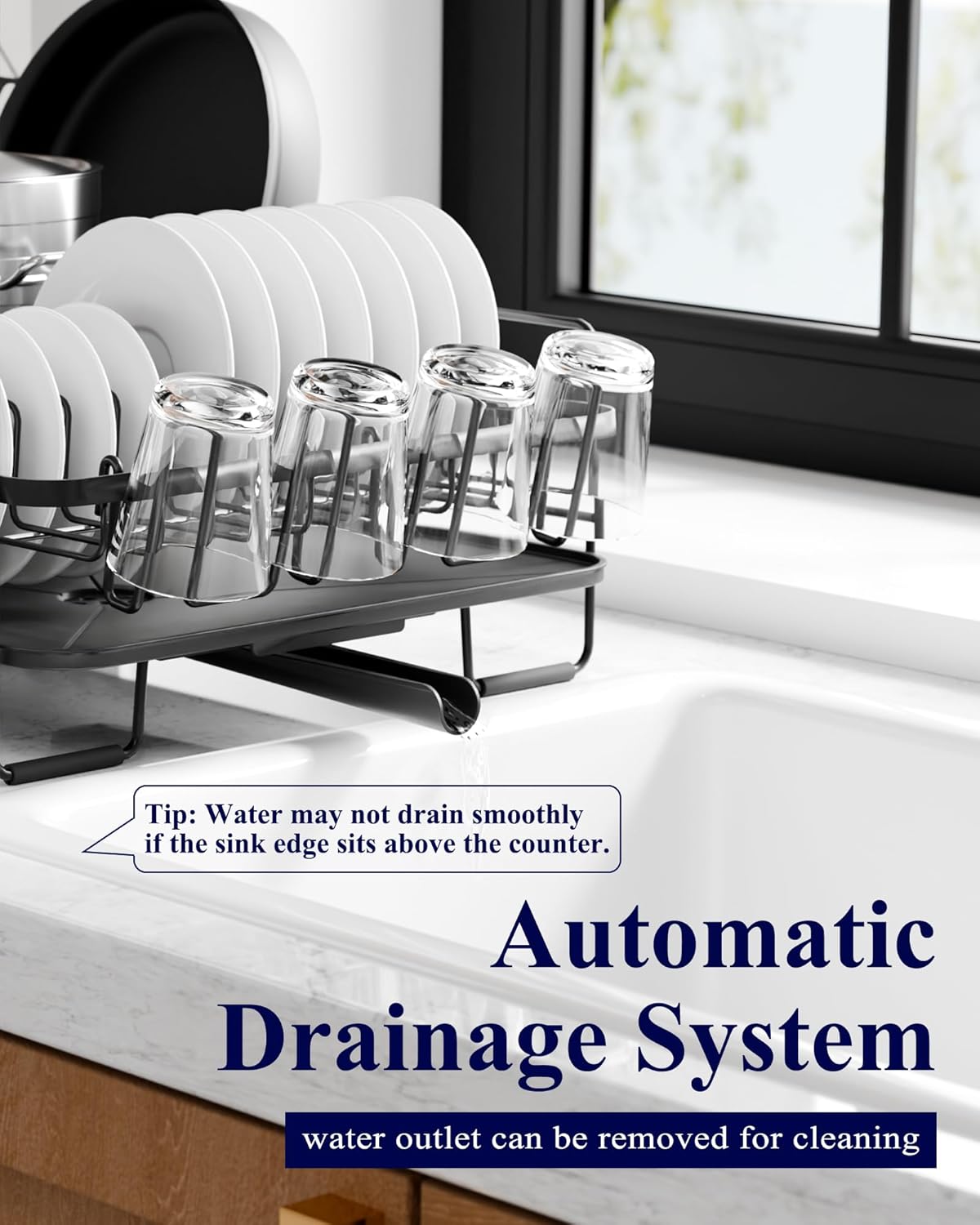 Kitsure Large Dish Drying Rack - Extendable Dish Rack, Multifunctional Dish Rack for Kitchen Counter, Anti-Rust Dish Drainers with Cutlery & Cup Holders 19.2"-26.7" L x 12.9" W, Black