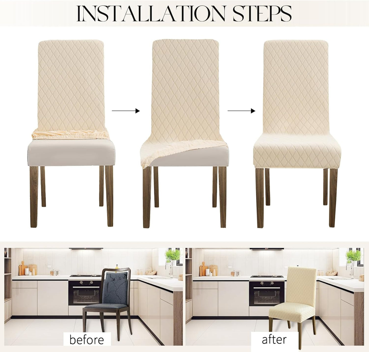 MOSAYT 100% Waterproof Dining Room Chair Covers Set of 6, Super Fit Stretch Jacquard Parson Chairs Slipcovers Removable Washable Chair Seat Protectors for Home, Kitchen, Banquet (Beige)