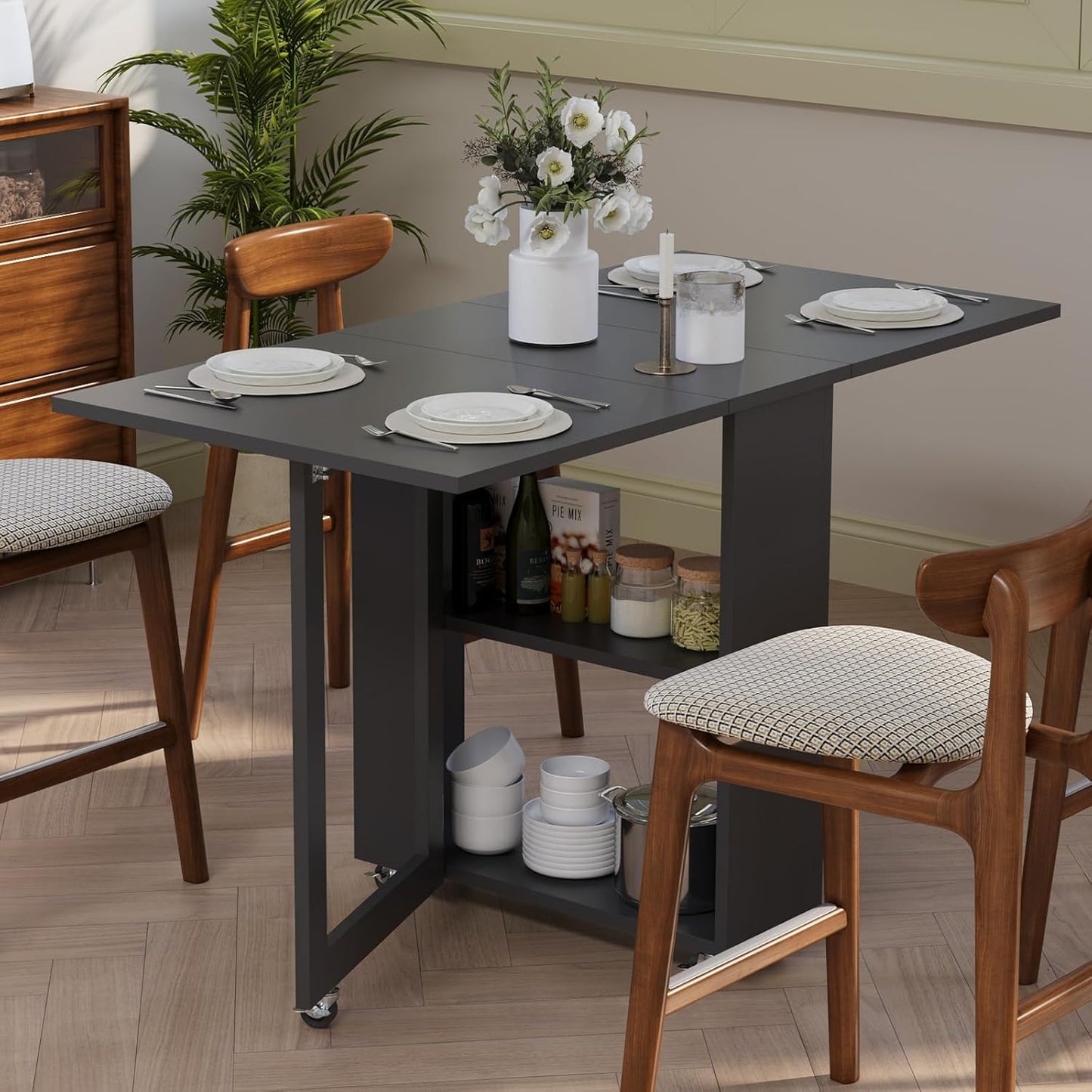 LotFun Folding Dining Table with 2 Storage Racks, Space Saving Dining Table with 6 Wheels, Kitchen Table for Small Spaces (48" x 24" x 30")