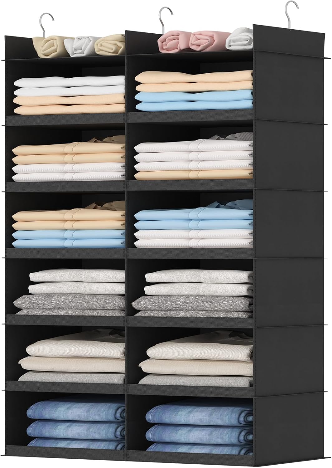 Lifewit Dual-Row 6 Tier Shelf Hanging Closet Organizer and Storage, Clothes Storage Shelves with 3 Sturdy Hooks for Clothing Organization, Foldable Dorm Room Essentials, 12 Sections Grey