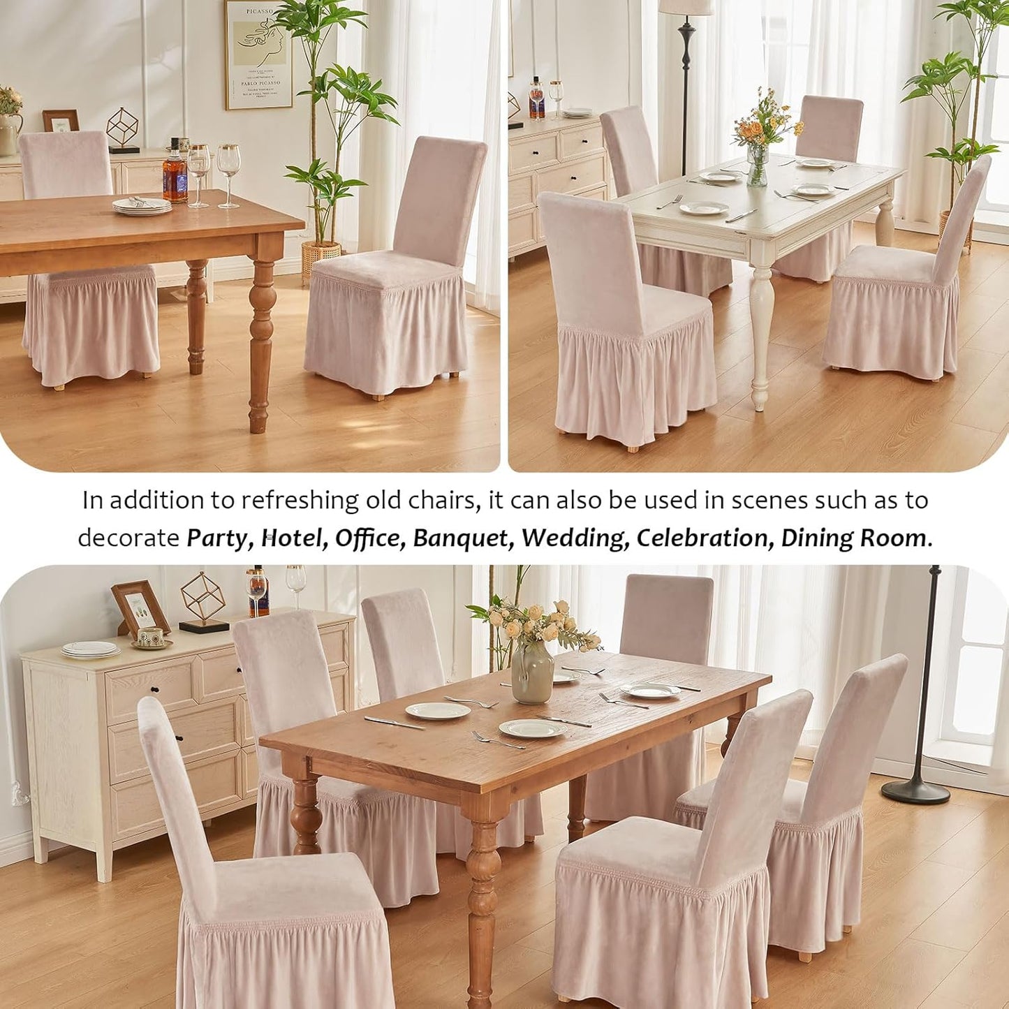 NICEEC Spandex Chair Covers for Dining Chairs Covers Set of 4 Removable Dining Room Chair Covers with Skirt Parson Chair Slipcovers Washable Chair Protector for Kitchen Party Banquet(Beige-Pink)