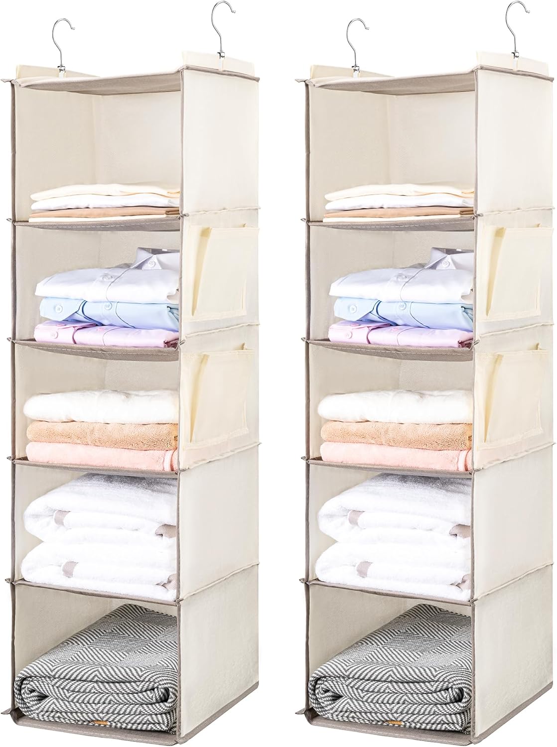 BOOMIBOO Hanging Closet Organize and Shelves,5-Hanging Shelf with 2 Side Pockets,Storage Foldable (Grey)
