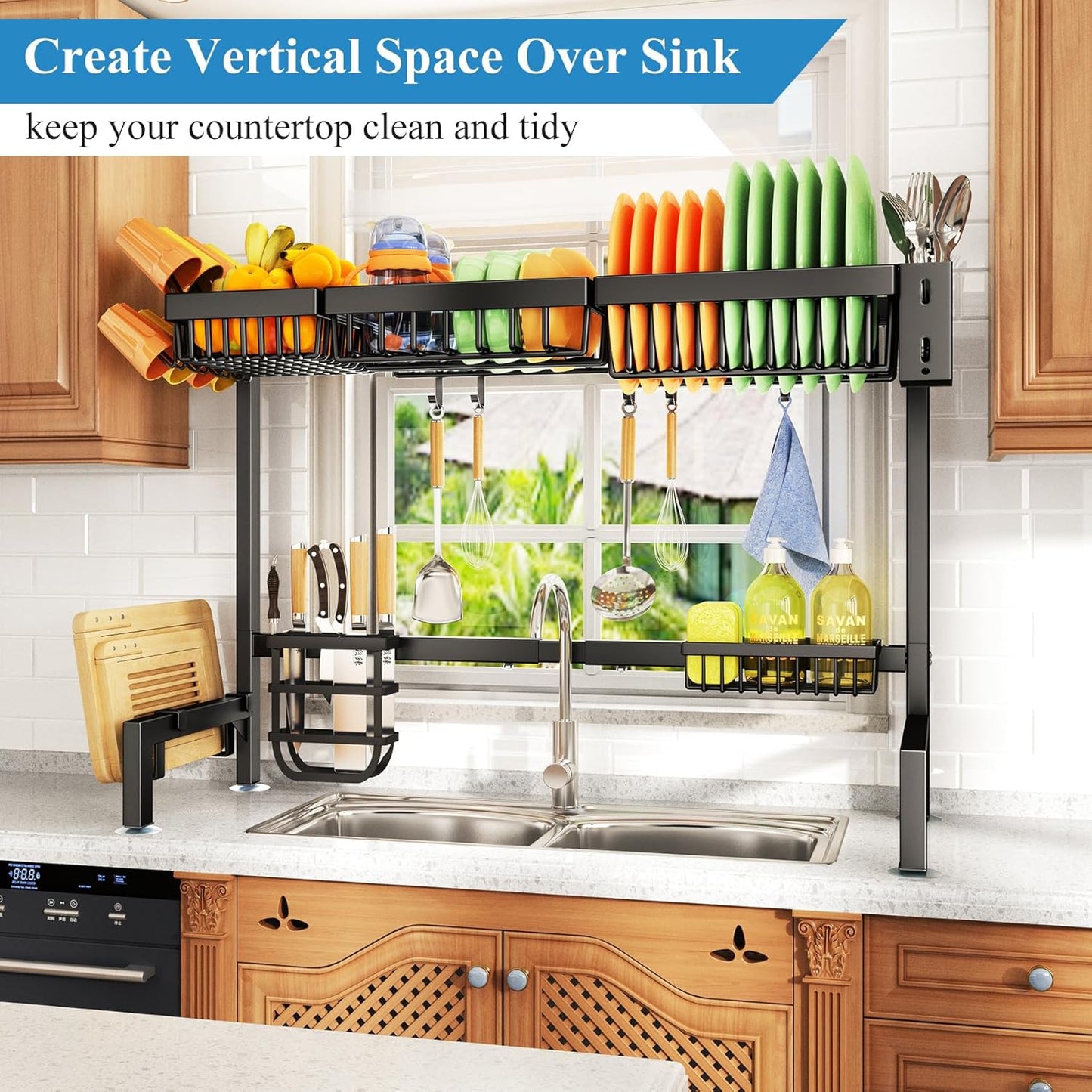 4 Baskets Over The Sink Dish Drying Rack - Large Kitchen Dish Rack with Adjustable Design, Space Saving Drying Rack, 12.4" D x 30"-41.5" W x 20.5" H