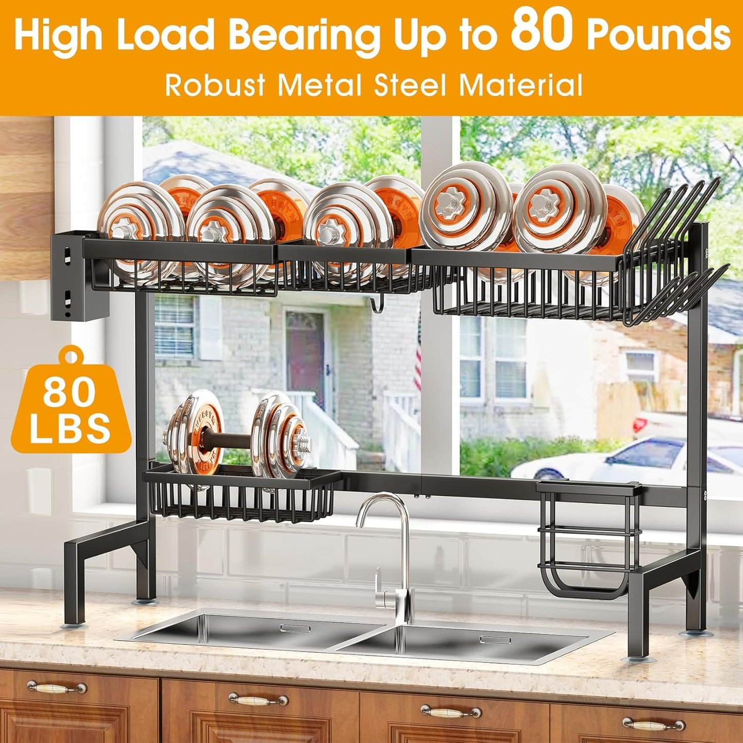4 Baskets Over The Sink Dish Drying Rack - Large Kitchen Dish Rack with Adjustable Design, Space Saving Drying Rack, 12.4" D x 30"-41.5" W x 20.5" H