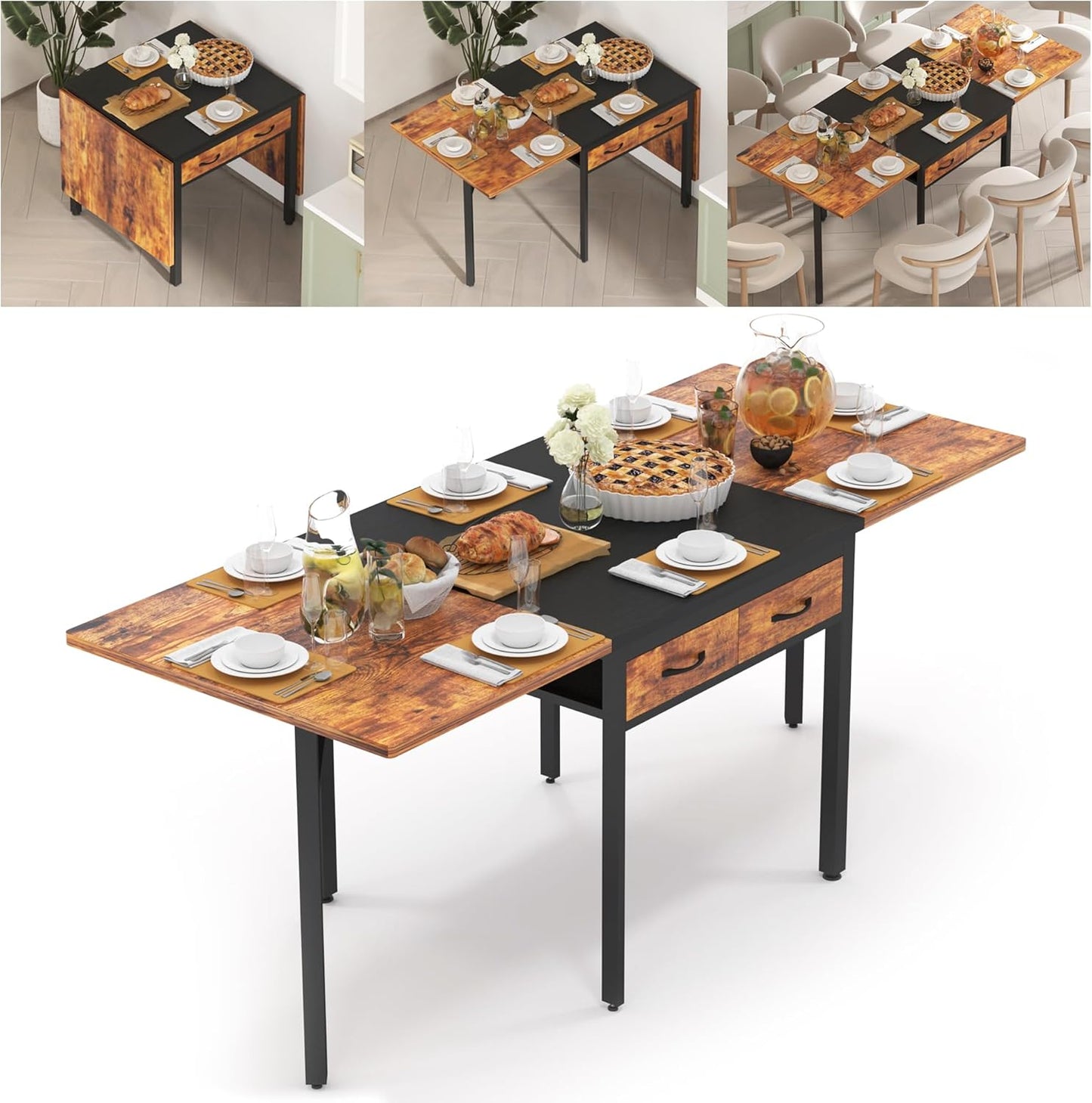 Folding Dining Table,Dining Room Table with Drawers,Industrial Extendable Table for 6-8 People,for Dining Room,Living Room,Restaurant,Saving Space