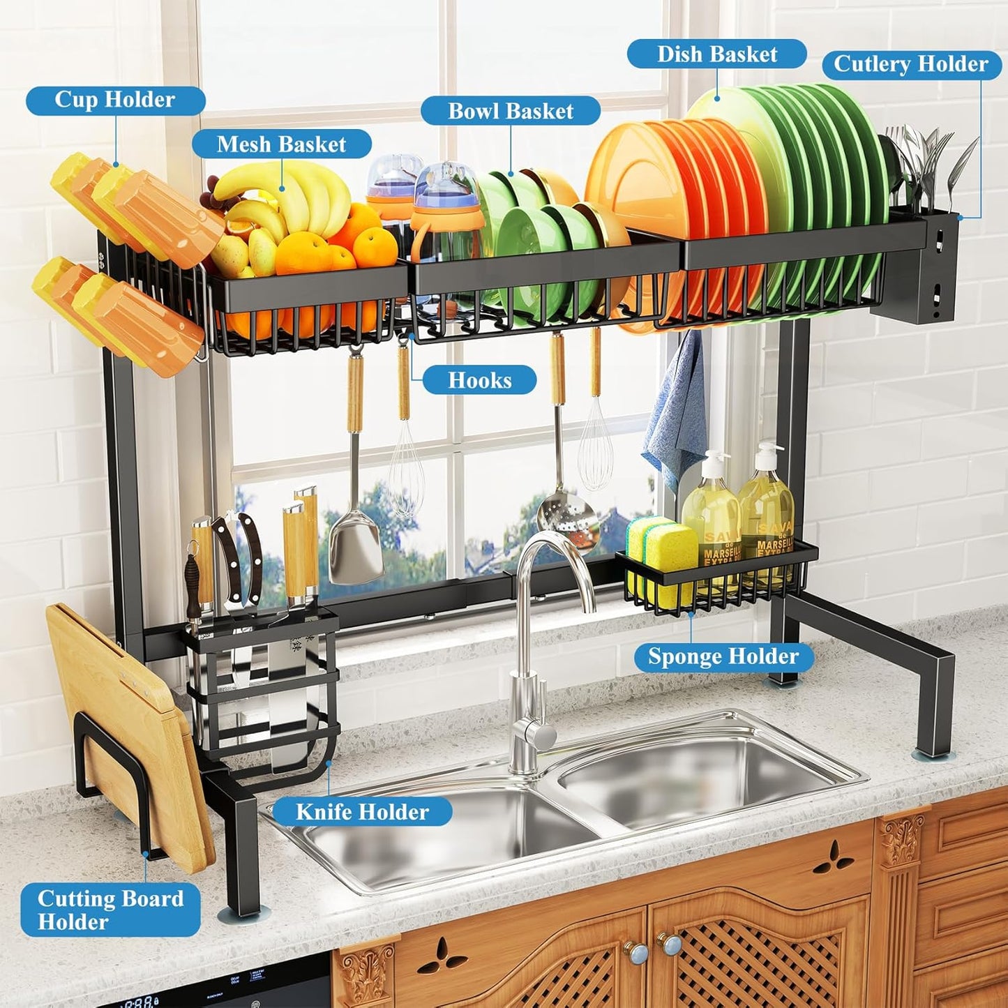 4 Baskets Over The Sink Dish Drying Rack - Large Kitchen Dish Rack with Adjustable Design, Space Saving Drying Rack, 12.4" D x 30"-41.5" W x 20.5" H