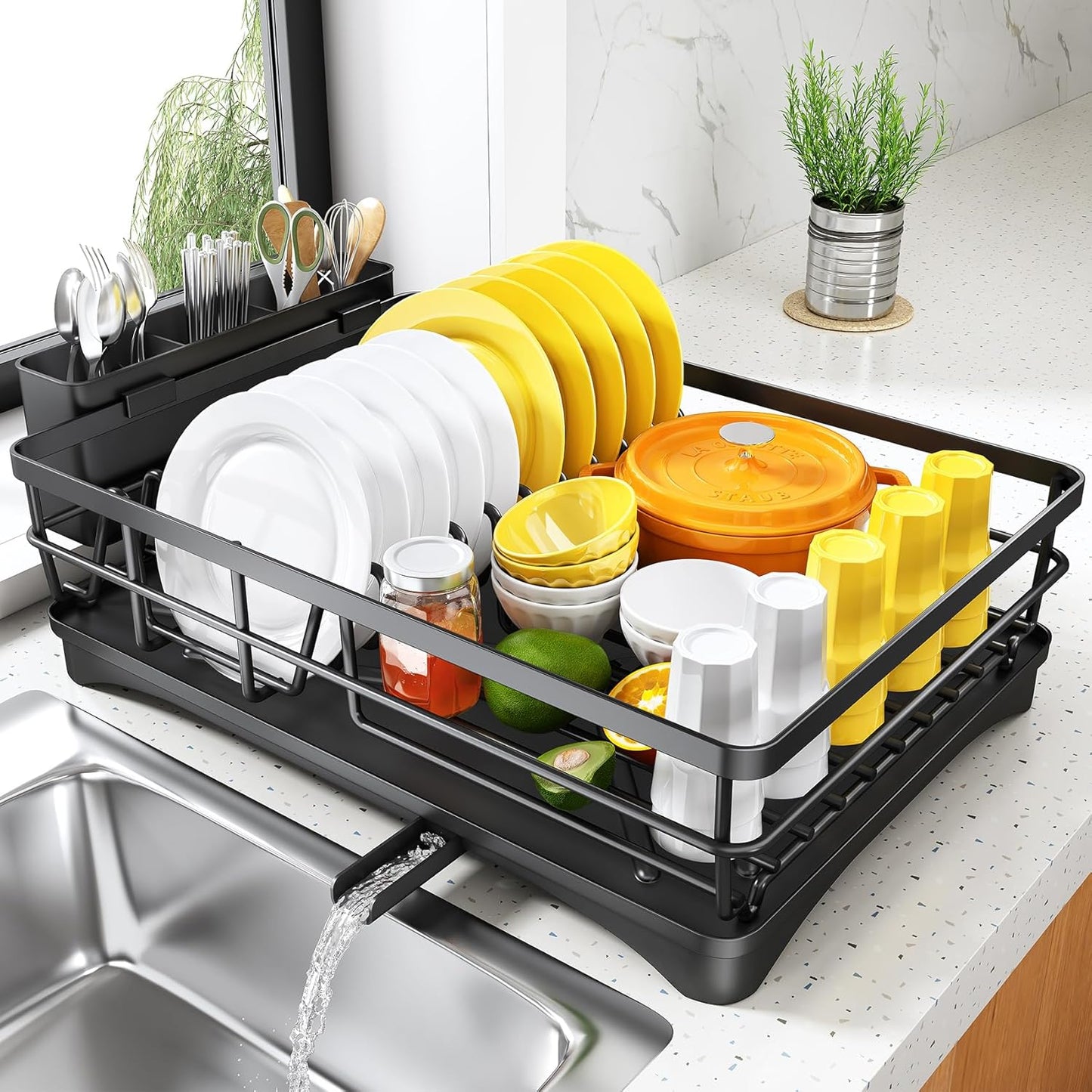 Dish Drying Rack for Kitchen Counter - Large Dish Rack with Drainboard, Rustproof Dish Drainer with Utensil Holder for Sink, Black
